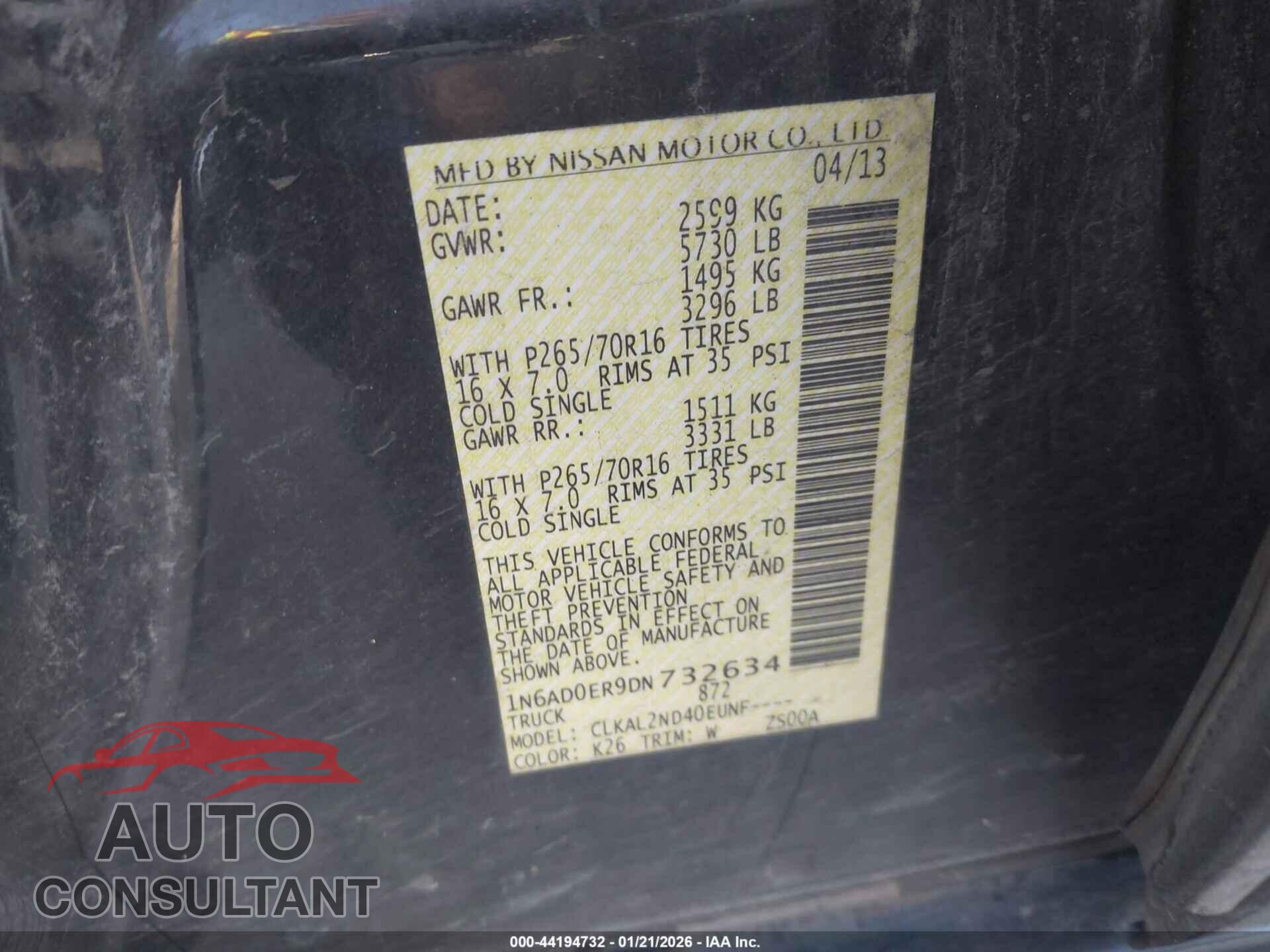 NISSAN FRONTIER 2013 - 1N6AD0ER9DN732634
