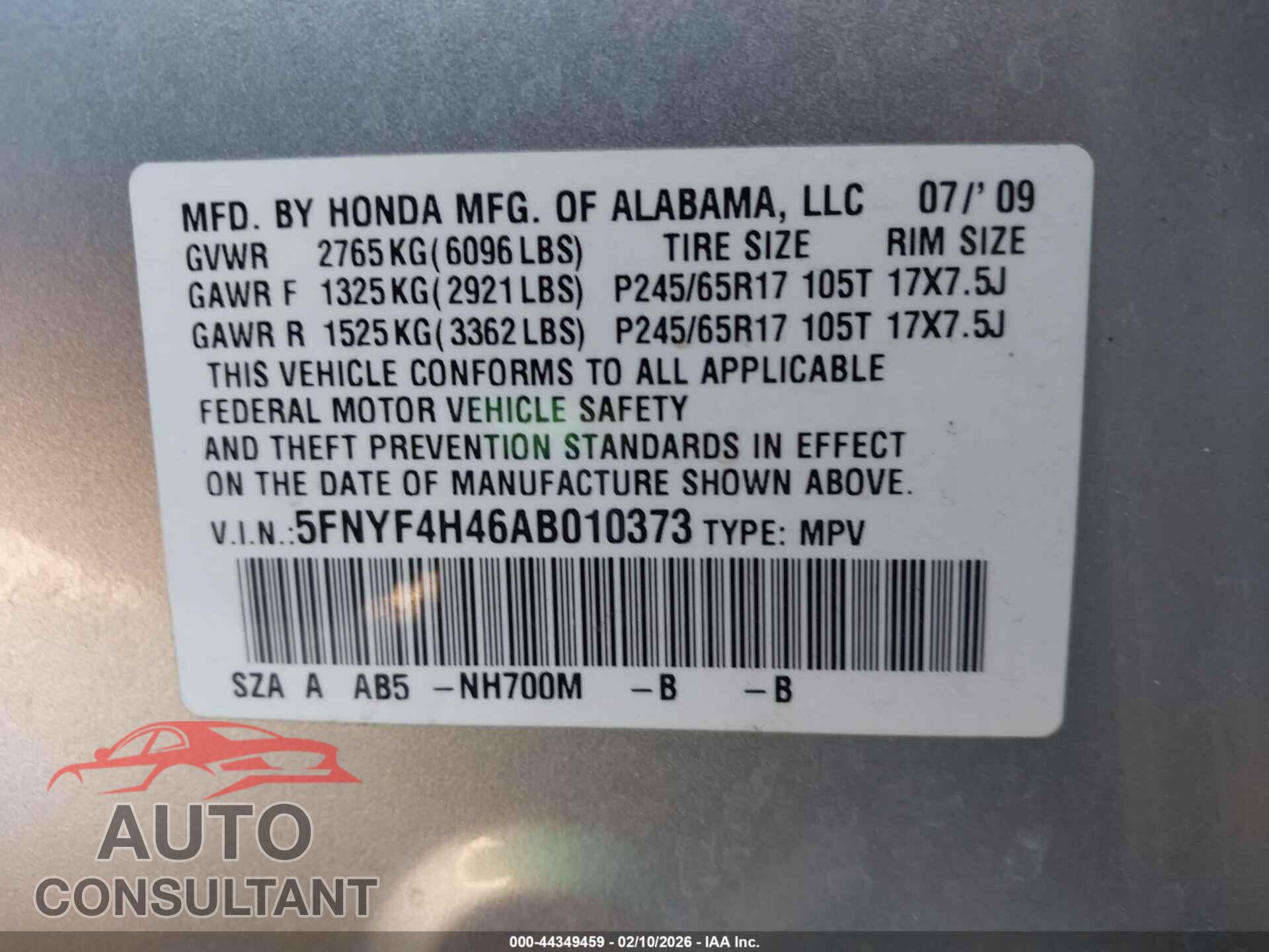 HONDA PILOT 2010 - 5FNYF4H46AB010373