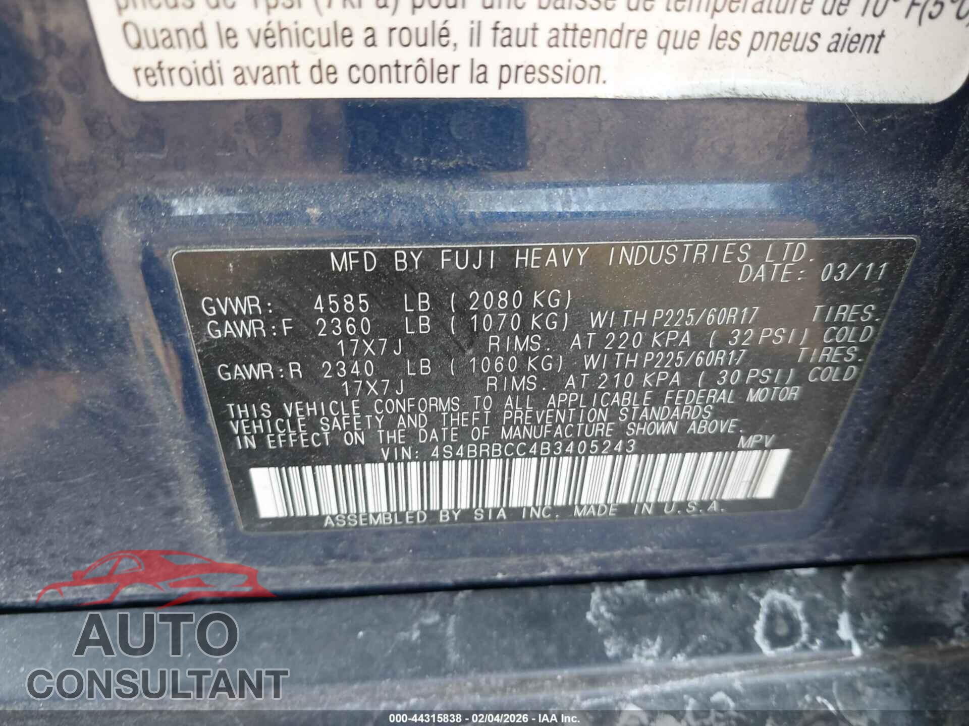 SUBARU OUTBACK 2011 - 4S4BRBCC4B3405243