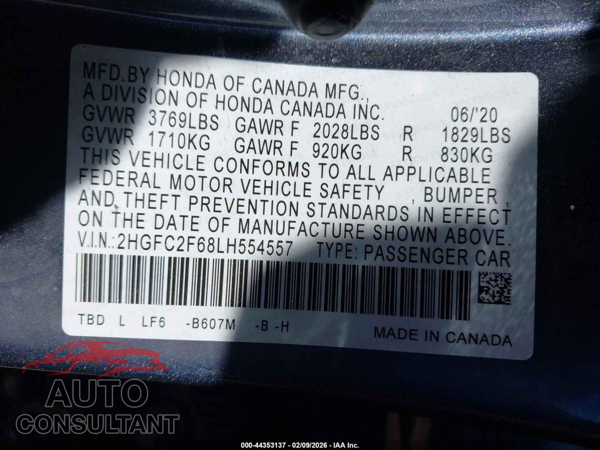 HONDA CIVIC 2020 - 2HGFC2F68LH554557
