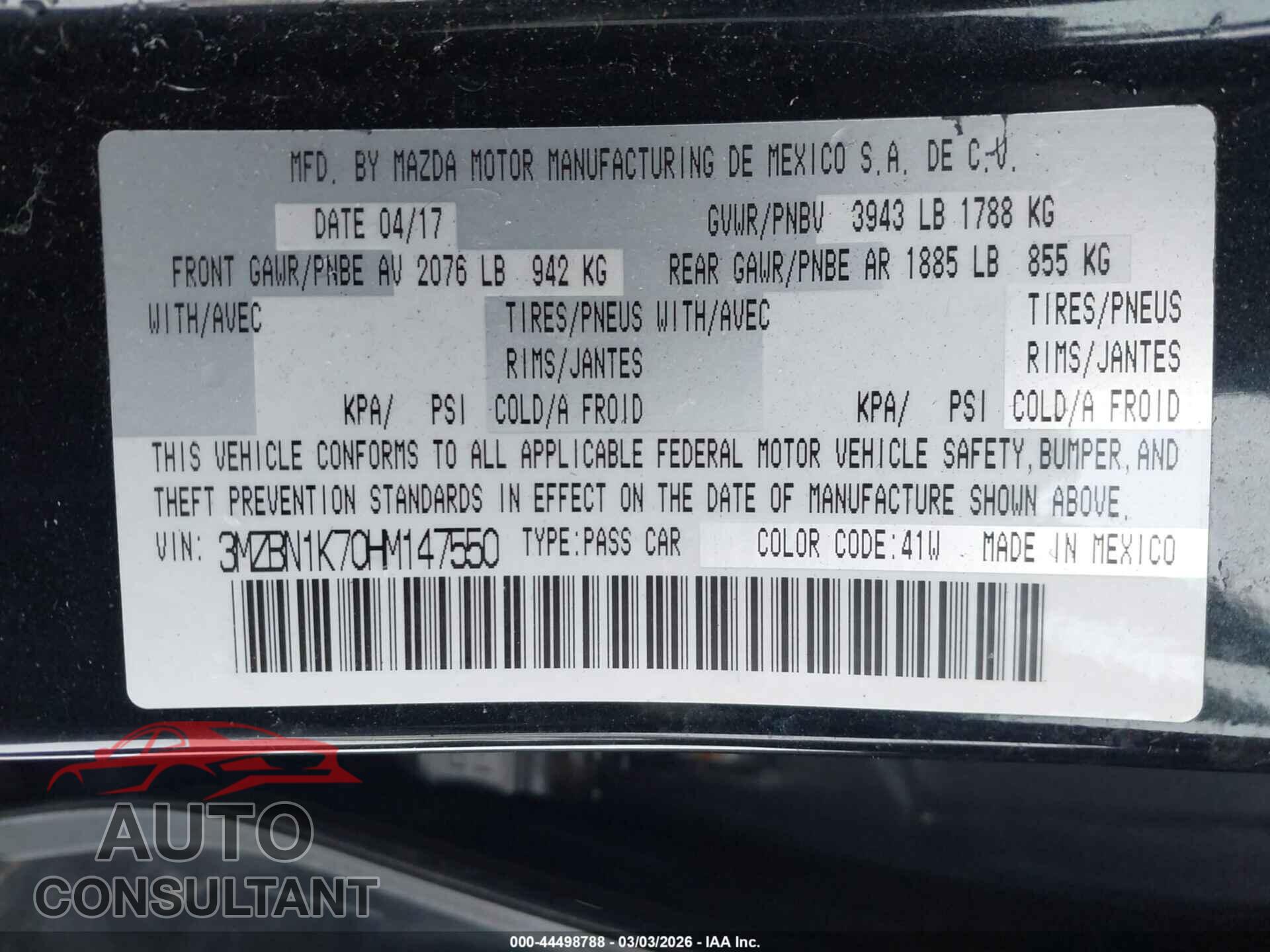 MAZDA MAZDA3 2017 - 3MZBN1K70HM147550