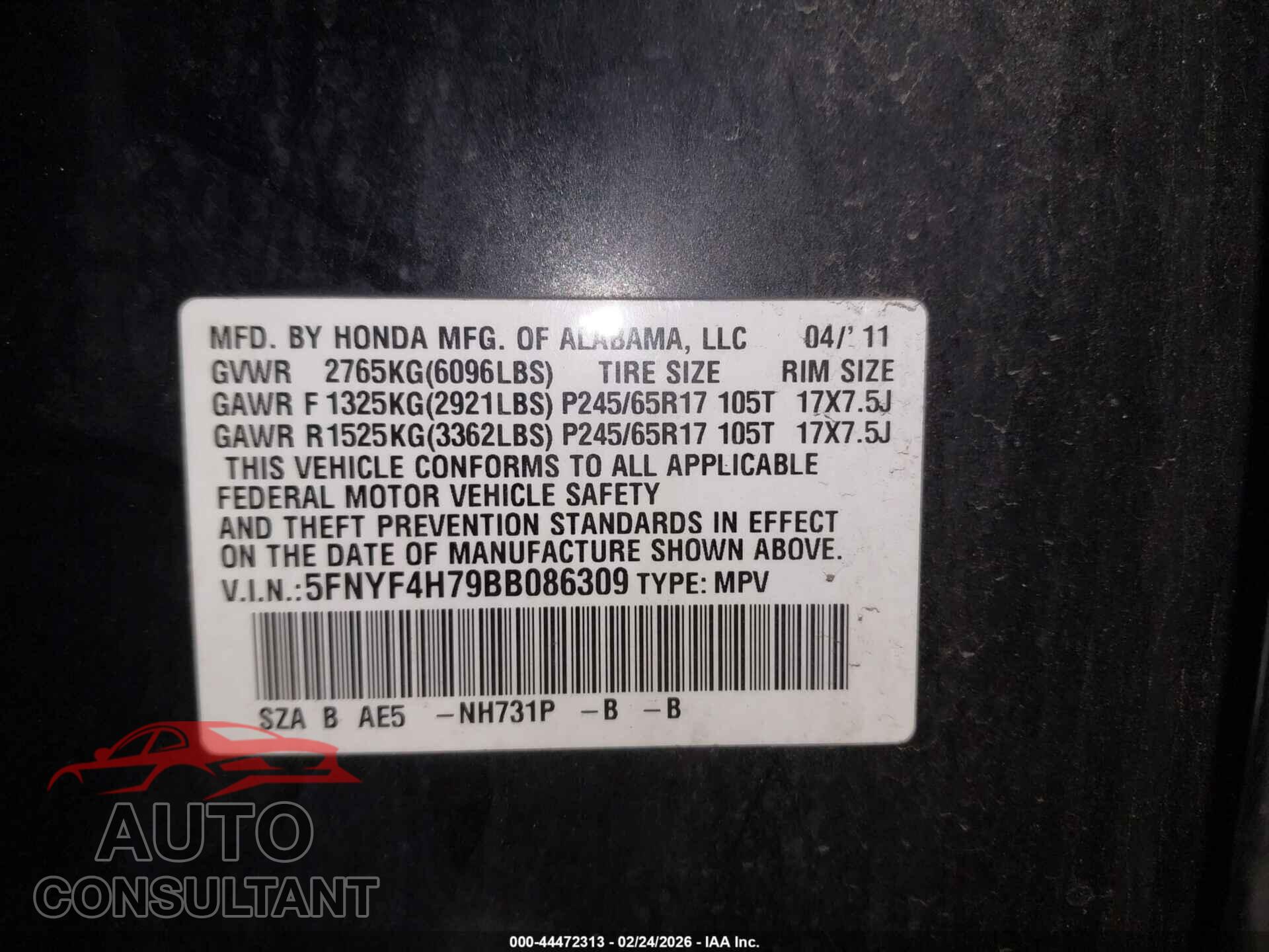 HONDA PILOT 2011 - 5FNYF4H79BB086309