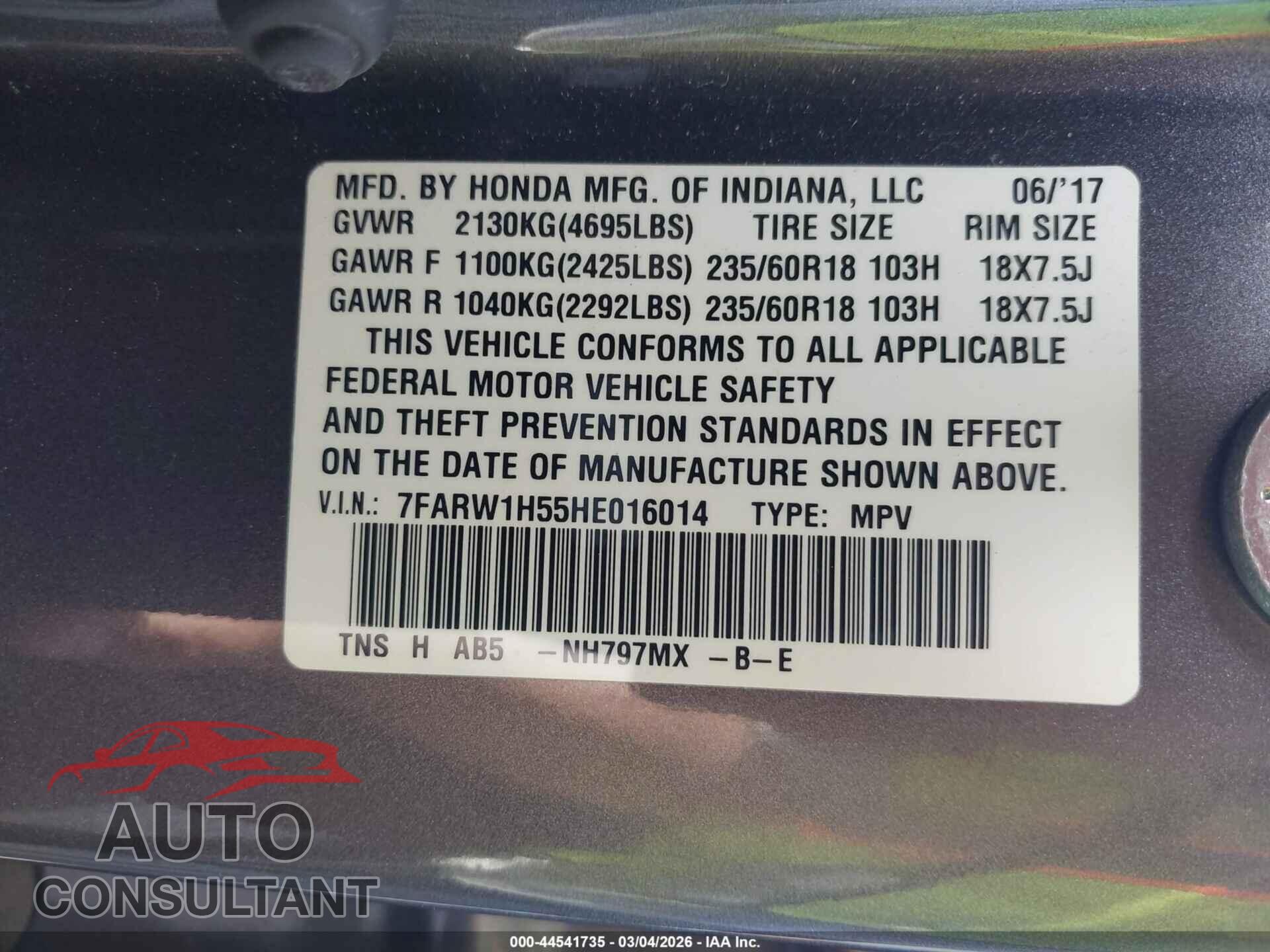 HONDA CR-V 2017 - 7FARW1H55HE016014