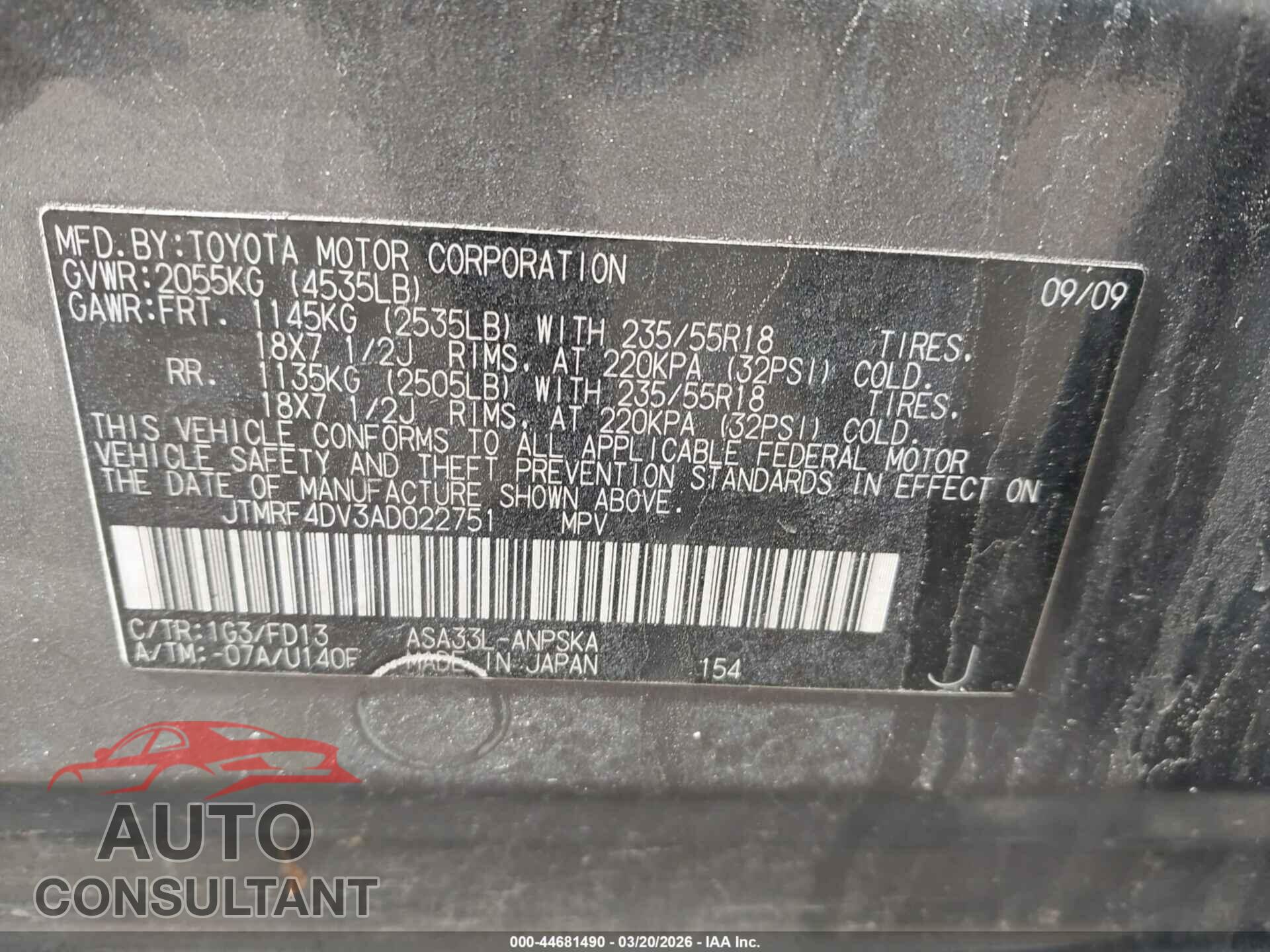TOYOTA RAV4 2010 - JTMRF4DV3AD022751