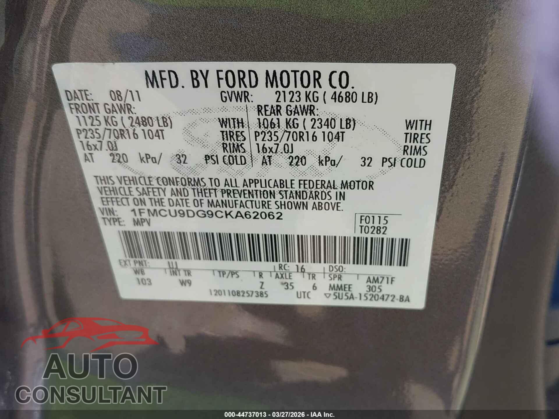 FORD ESCAPE 2012 - 1FMCU9DG9CKA62062