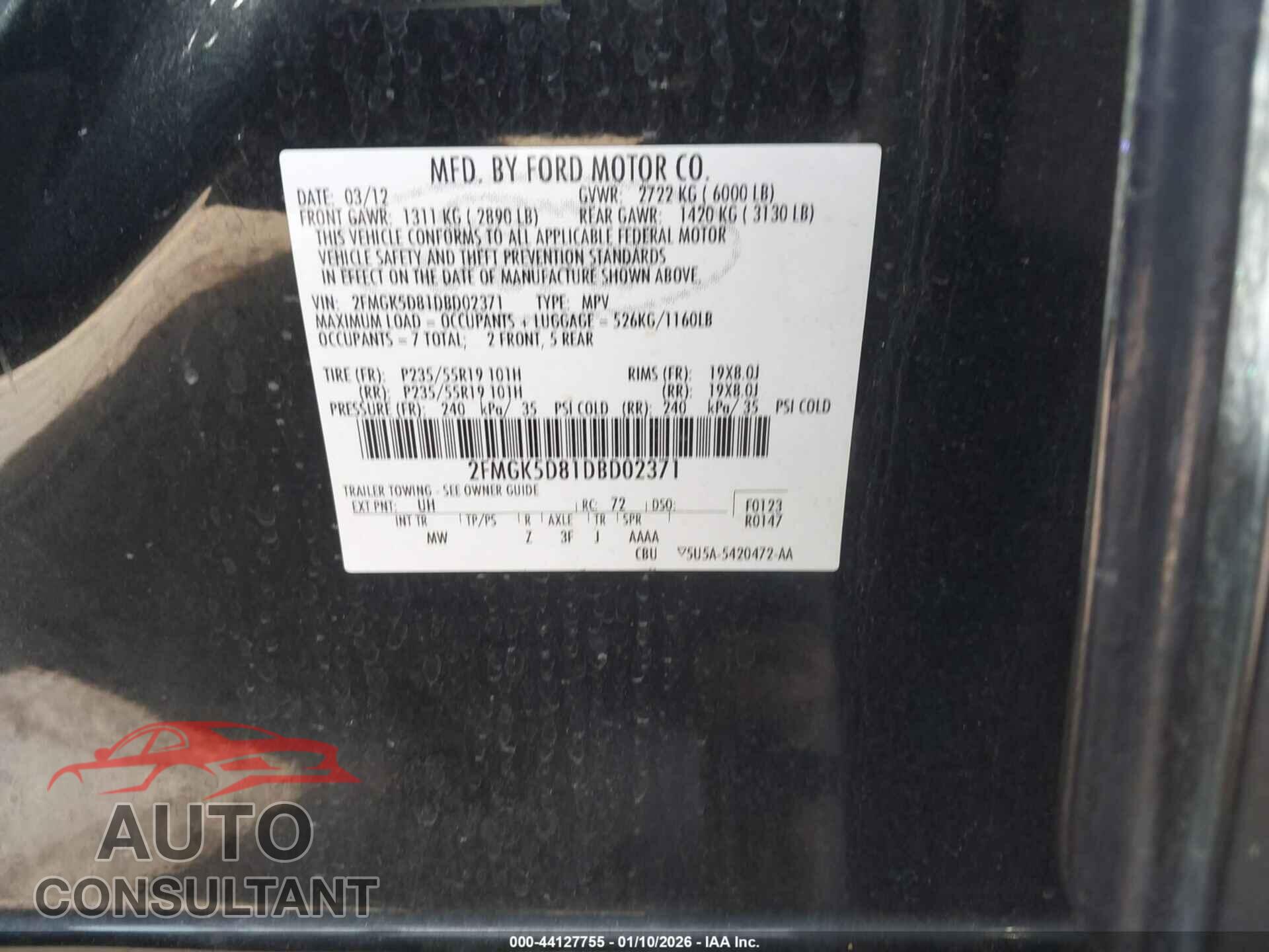 FORD FLEX 2013 - 2FMGK5D81DBD02371
