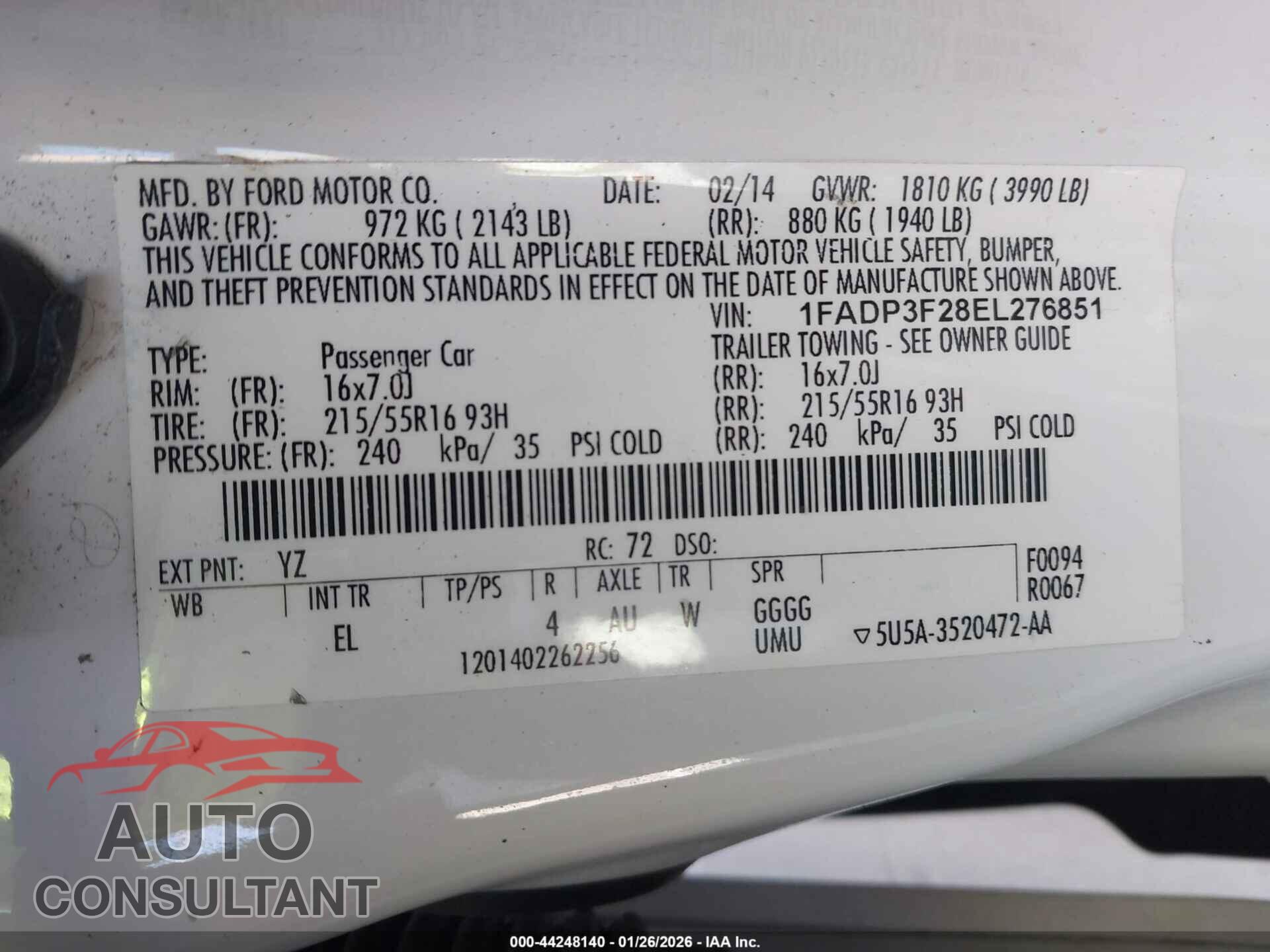 FORD FOCUS 2014 - 1FADP3F28EL276851