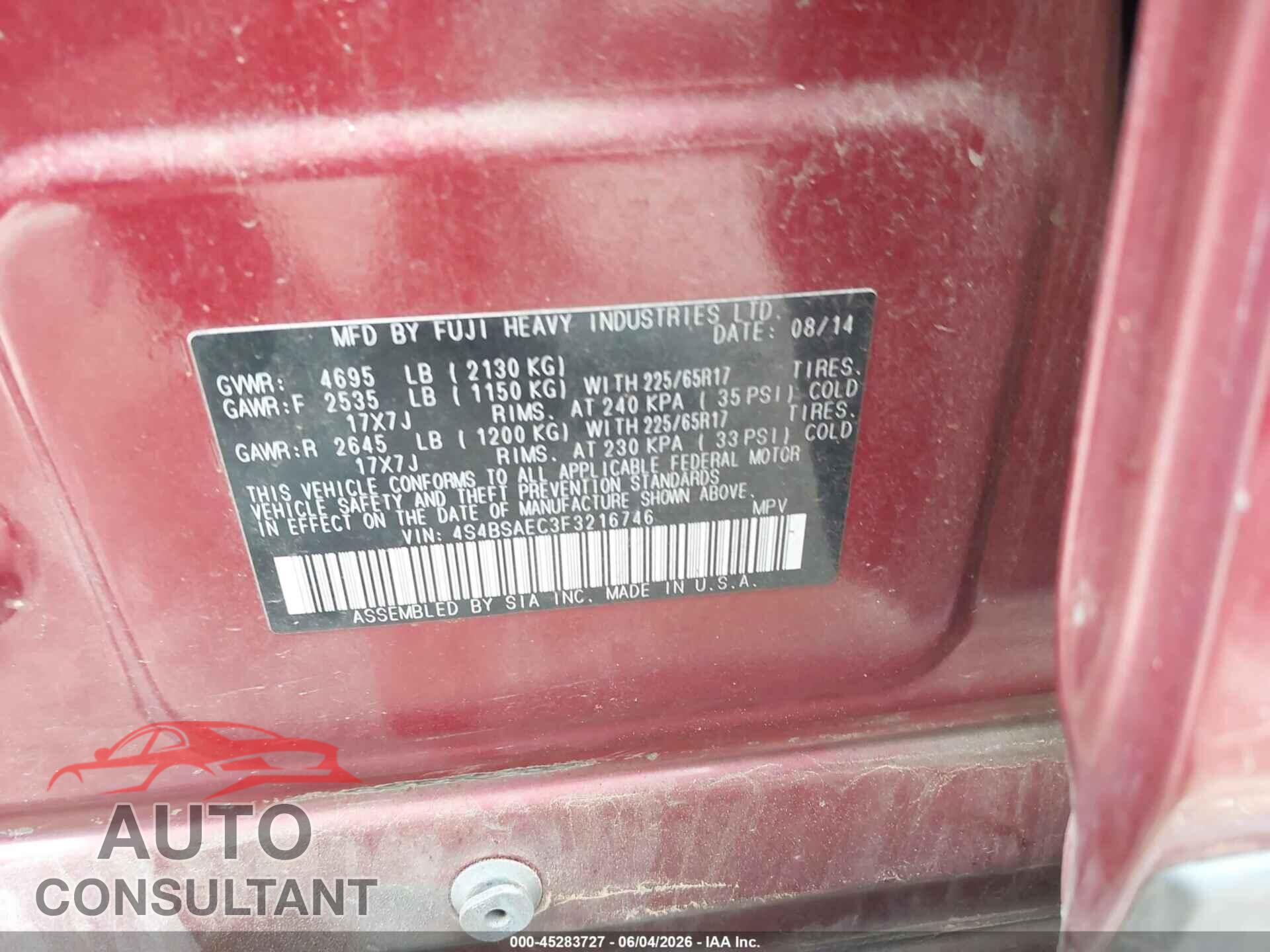 SUBARU OUTBACK 2015 - 4S4BSAEC3F3216746