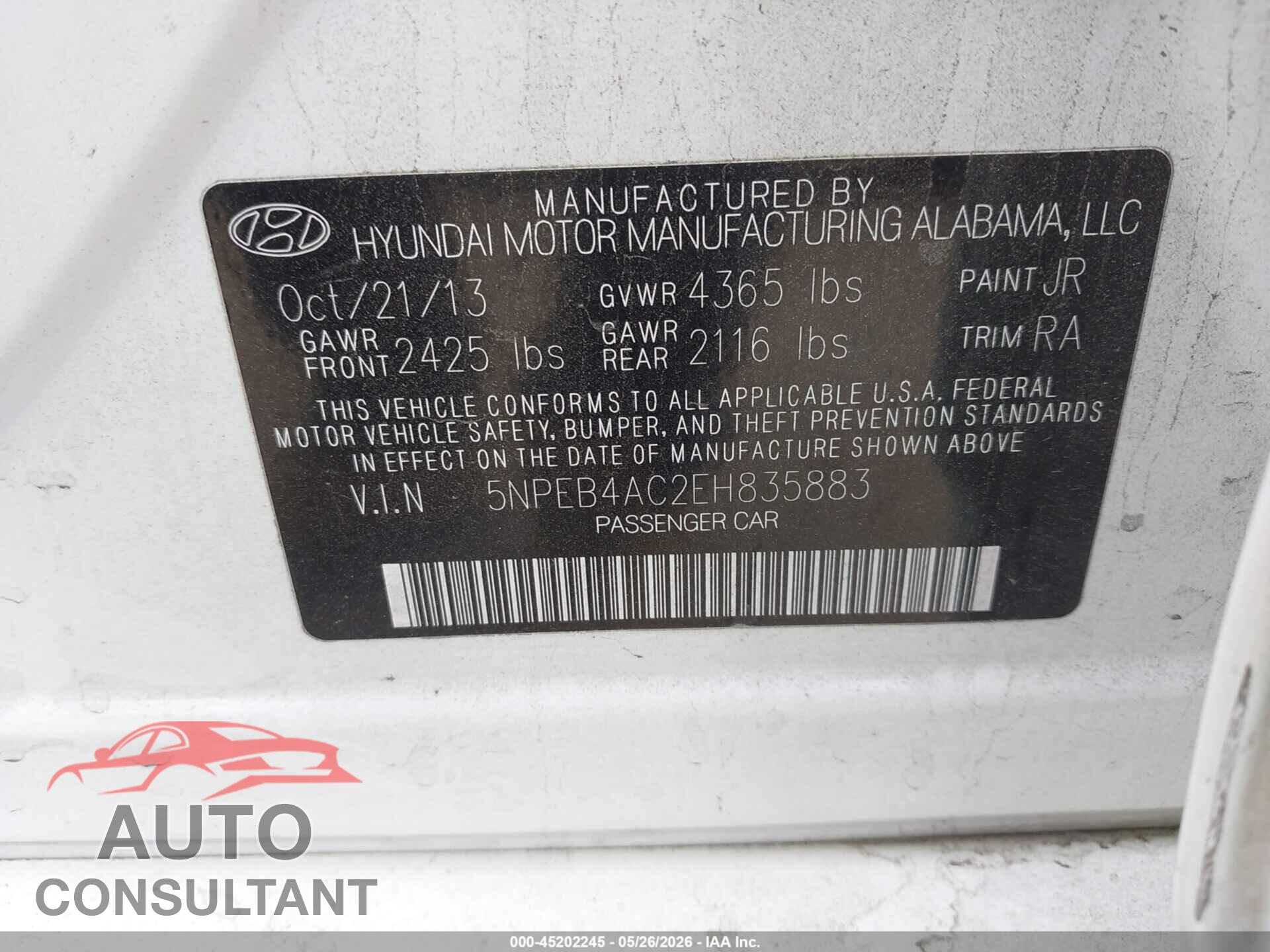 HYUNDAI SONATA 2014 - 5NPEB4AC2EH835883
