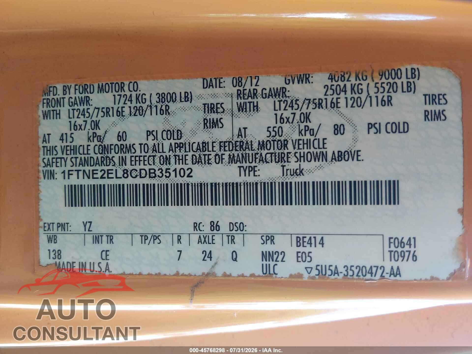FORD E-250 2012 - 1FTNE2EL8CDB35102