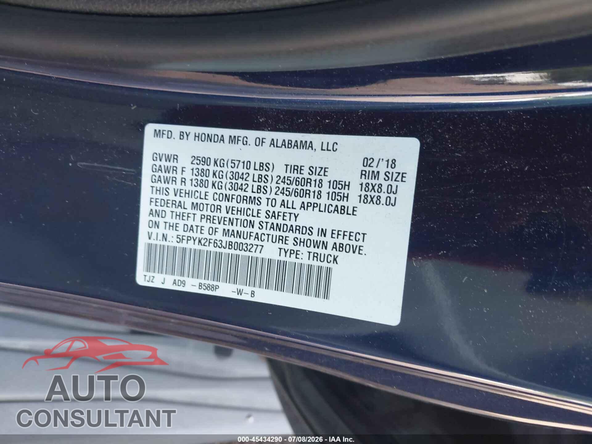HONDA RIDGELINE 2018 - 5FPYK2F63JB003277