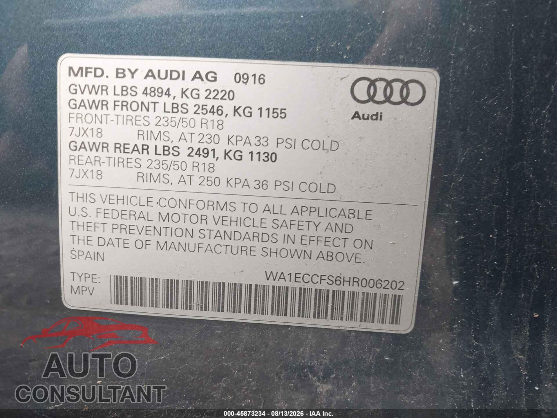 AUDI Q3 2017 - WA1ECCFS6HR006202