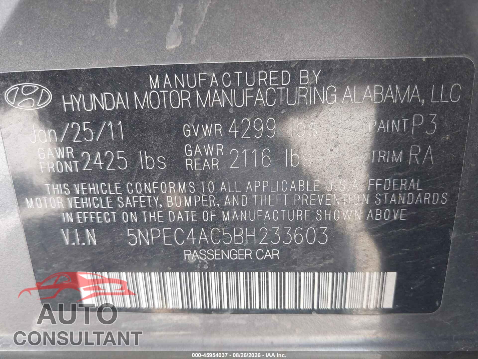HYUNDAI SONATA 2011 - 5NPEC4AC5BH233603