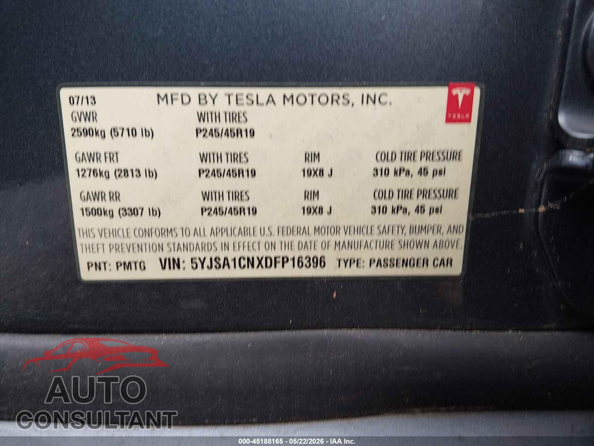 TESLA MODEL S 2013 - 5YJSA1CNXDFP16396