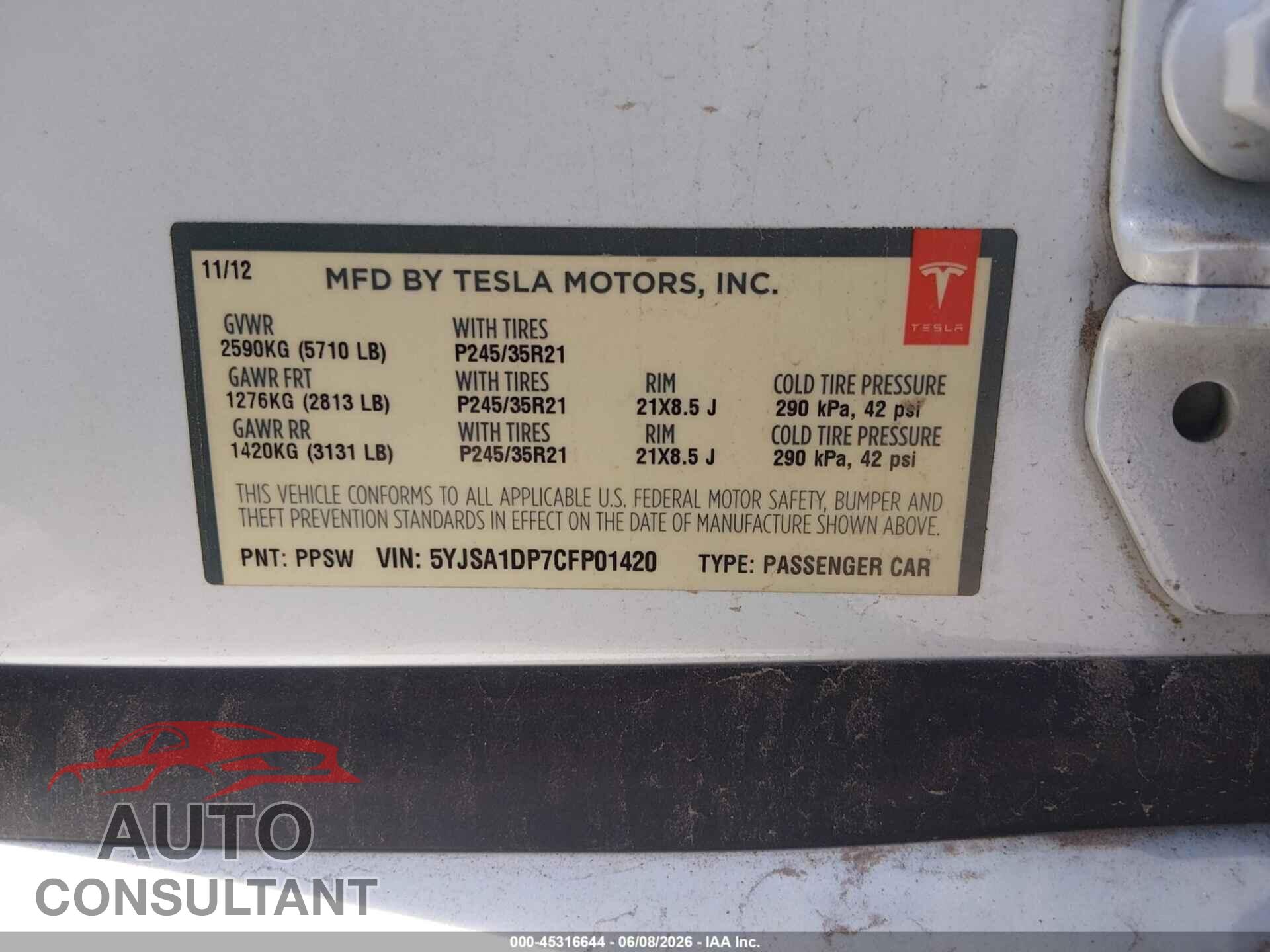 TESLA MODEL S 2012 - 5YJSA1DP7CFP01420