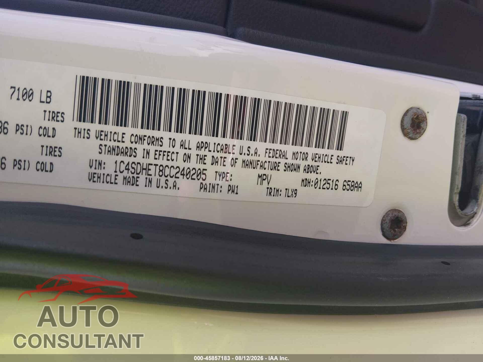 DODGE DURANGO 2012 - 1C4SDHET8CC240205