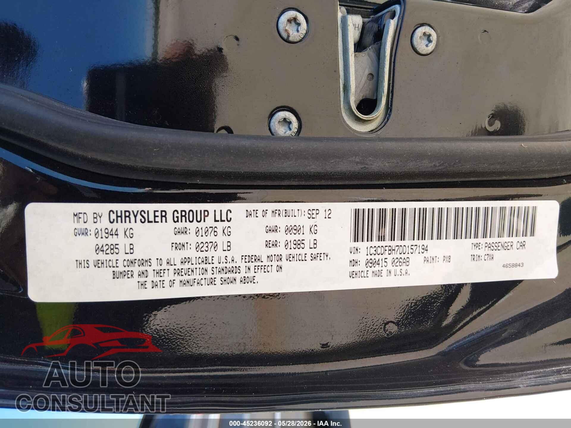 DODGE DART 2013 - 1C3CDFBH7DD157194