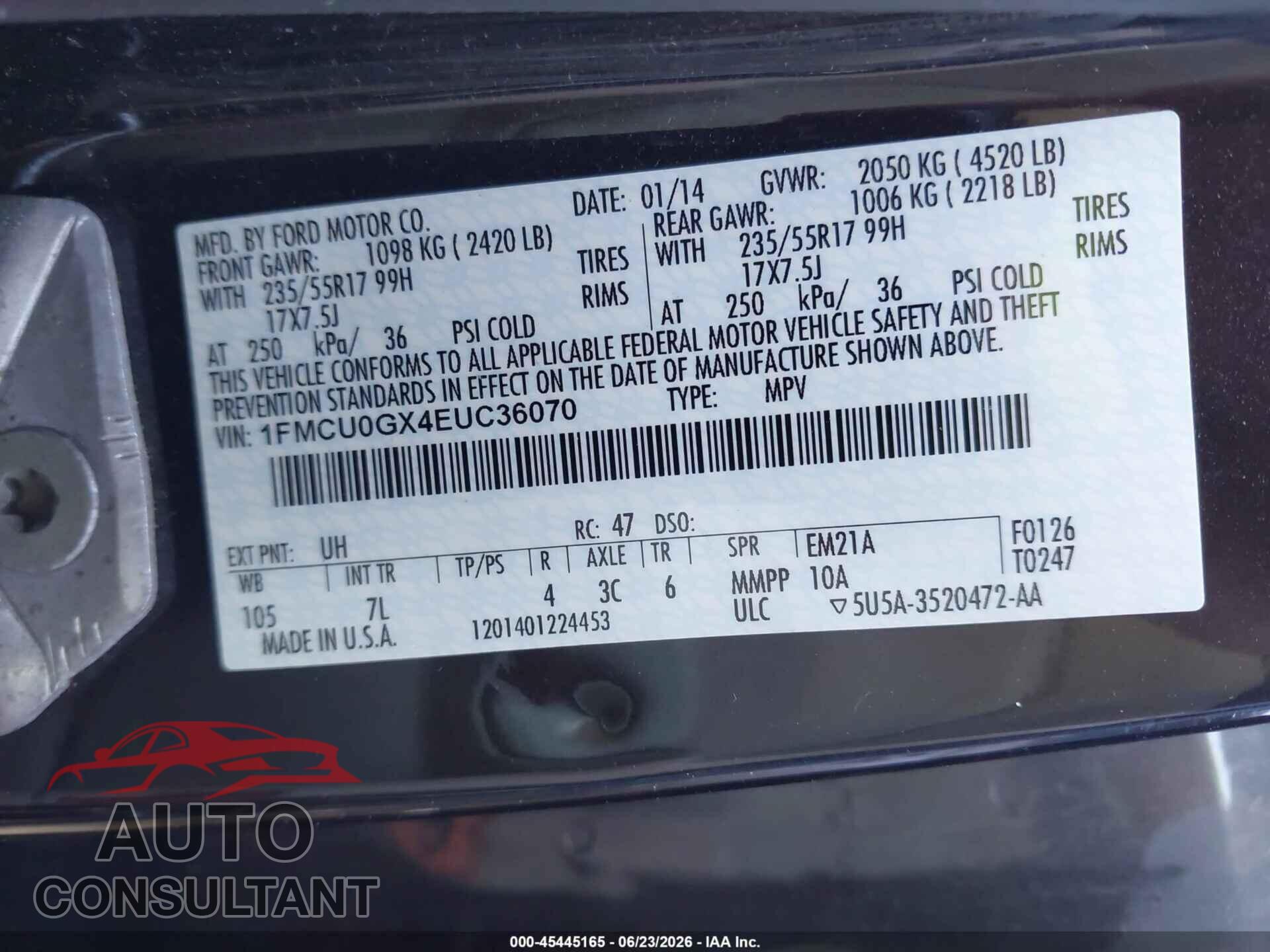 FORD ESCAPE 2014 - 1FMCU0GX4EUC36070