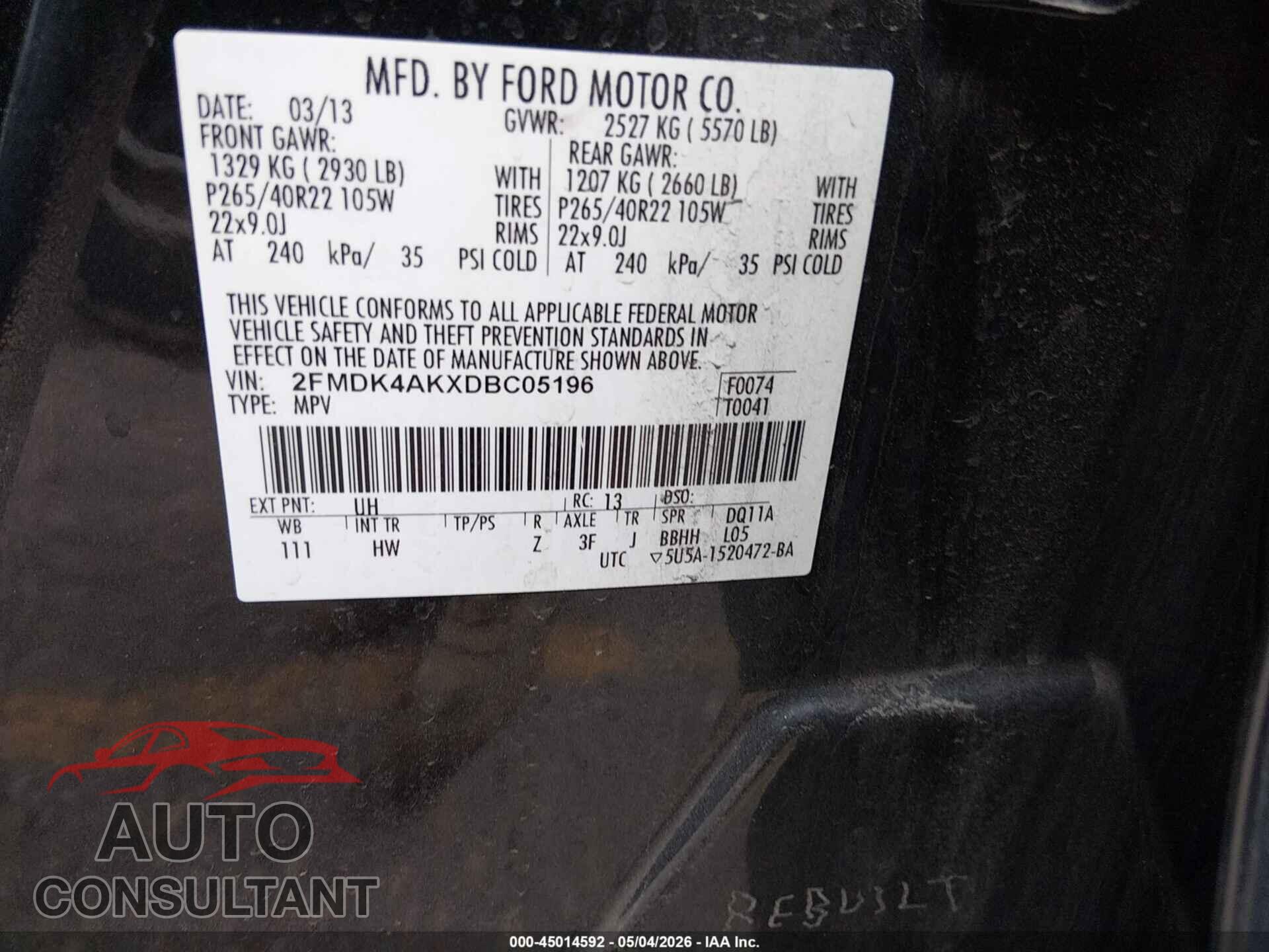 FORD EDGE 2013 - 2FMDK4AKXDBC05196