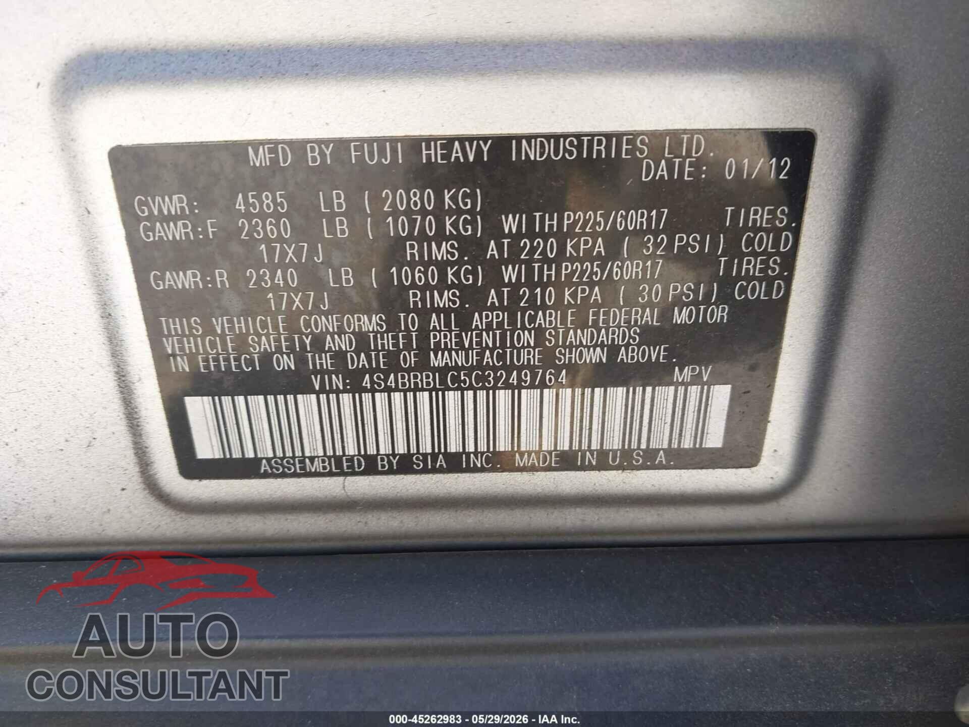 SUBARU OUTBACK 2012 - 4S4BRBLC5C3249764
