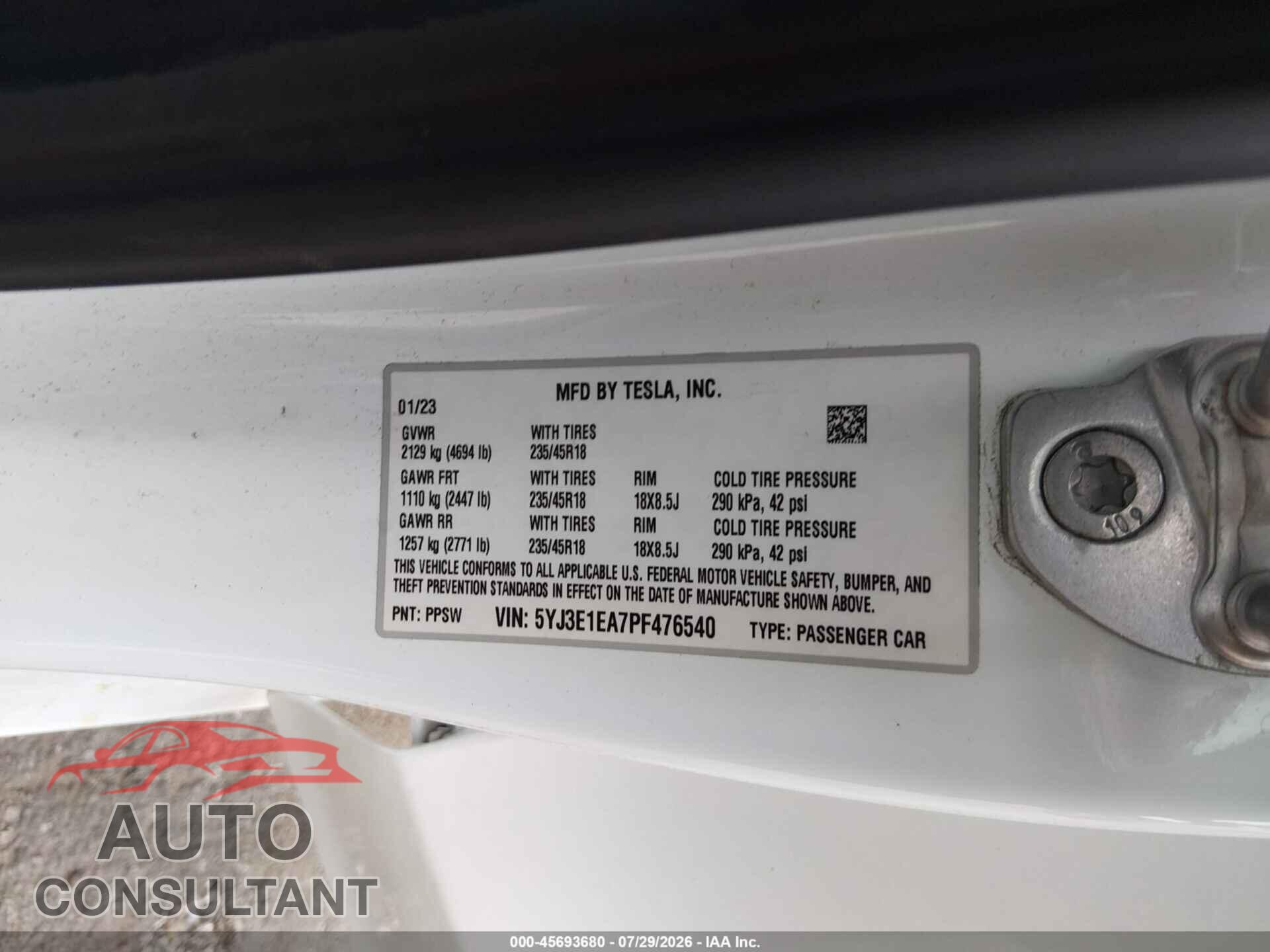 TESLA MODEL 3 2023 - 5YJ3E1EA7PF476540