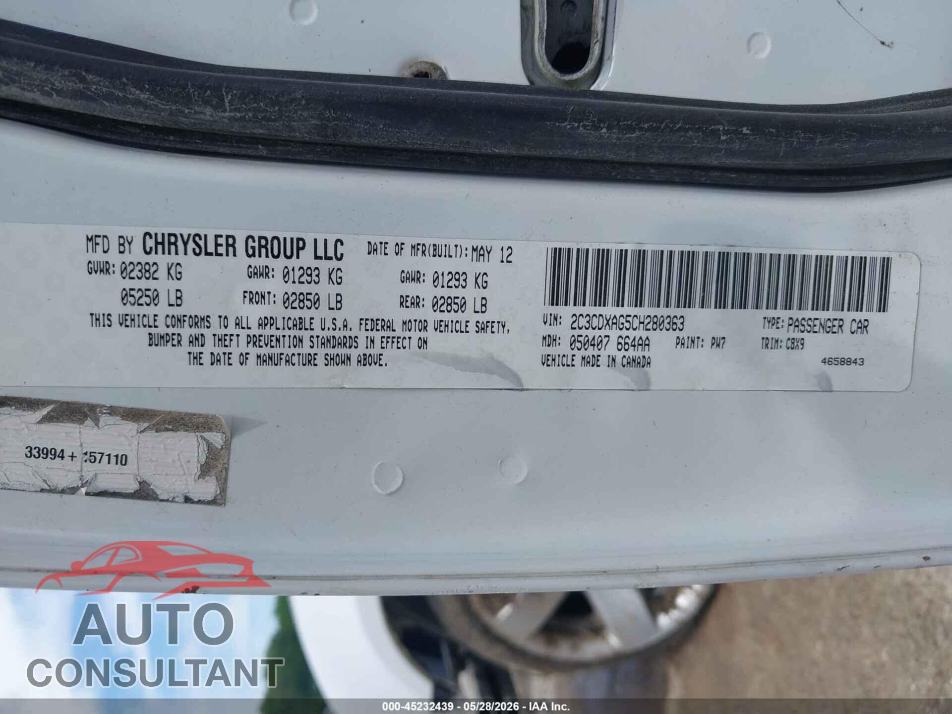 DODGE CHARGER 2012 - 2C3CDXAG5CH280363