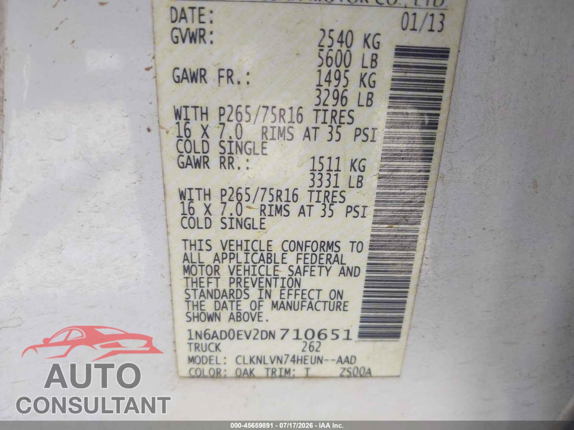 NISSAN FRONTIER 2013 - 1N6AD0EV2DN710651