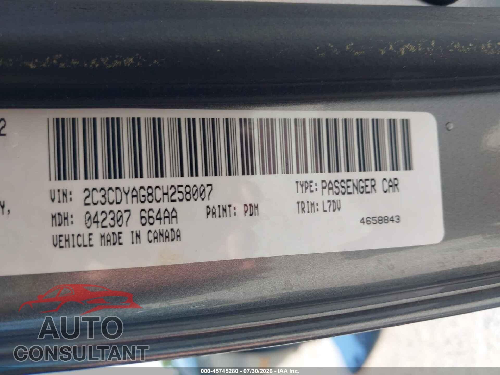 DODGE CHALLENGER 2012 - 2C3CDYAG8CH258007