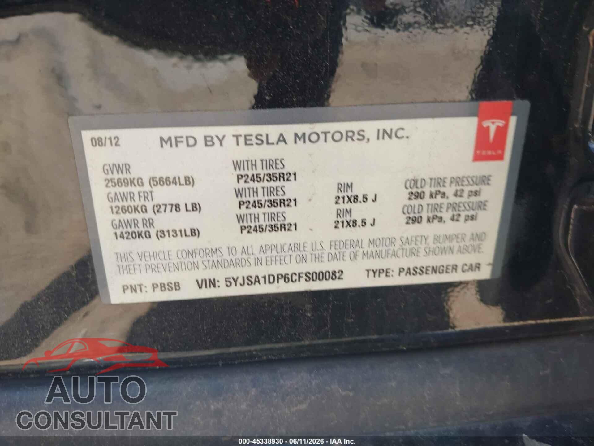 TESLA MODEL S 2012 - 5YJSA1DP6CFS00082