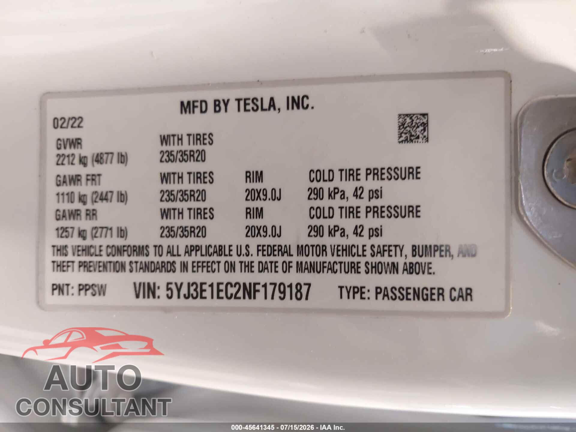 TESLA MODEL 3 2022 - 5YJ3E1EC2NF179187