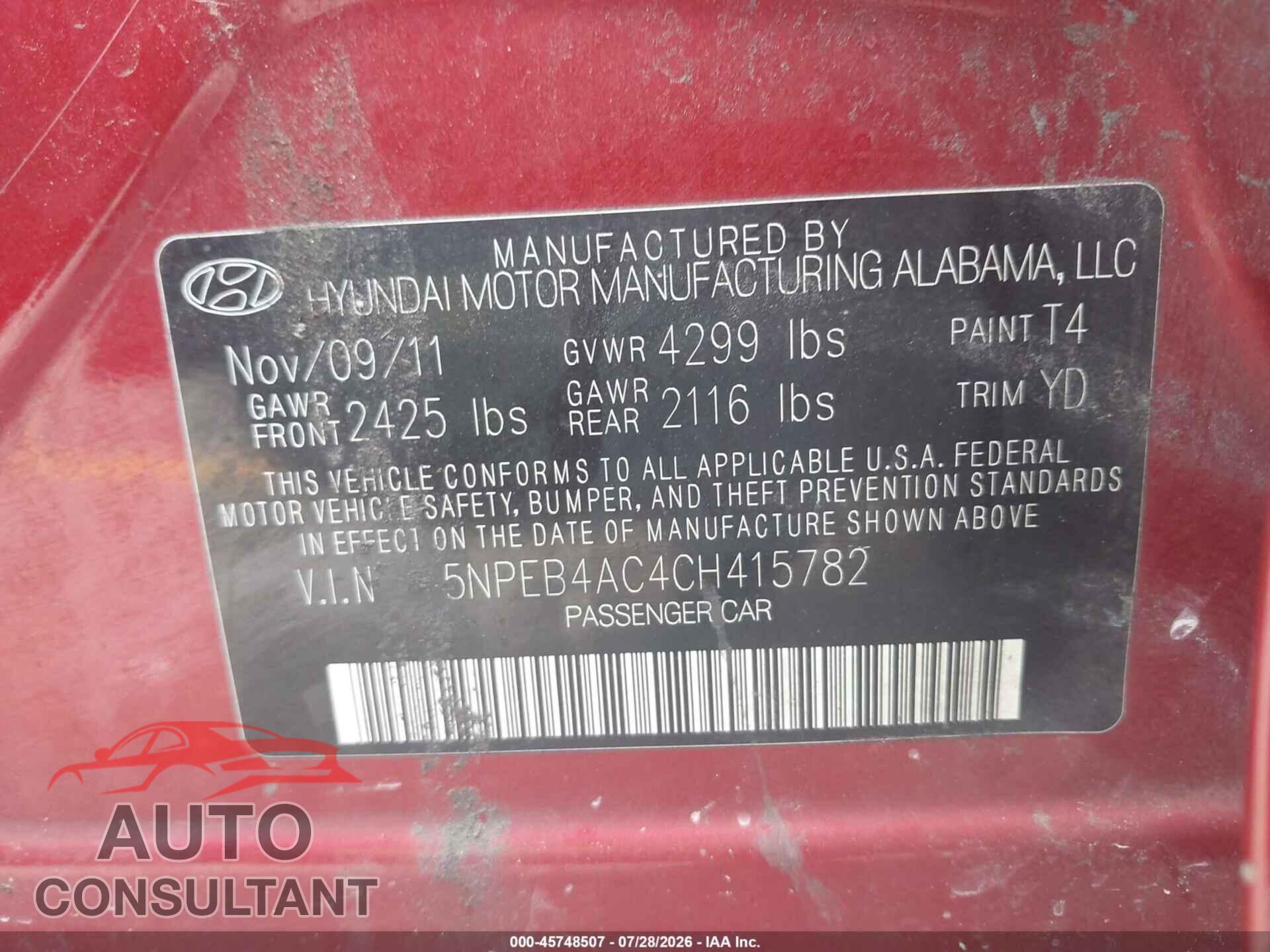 HYUNDAI SONATA 2012 - 5NPEB4AC4CH415782