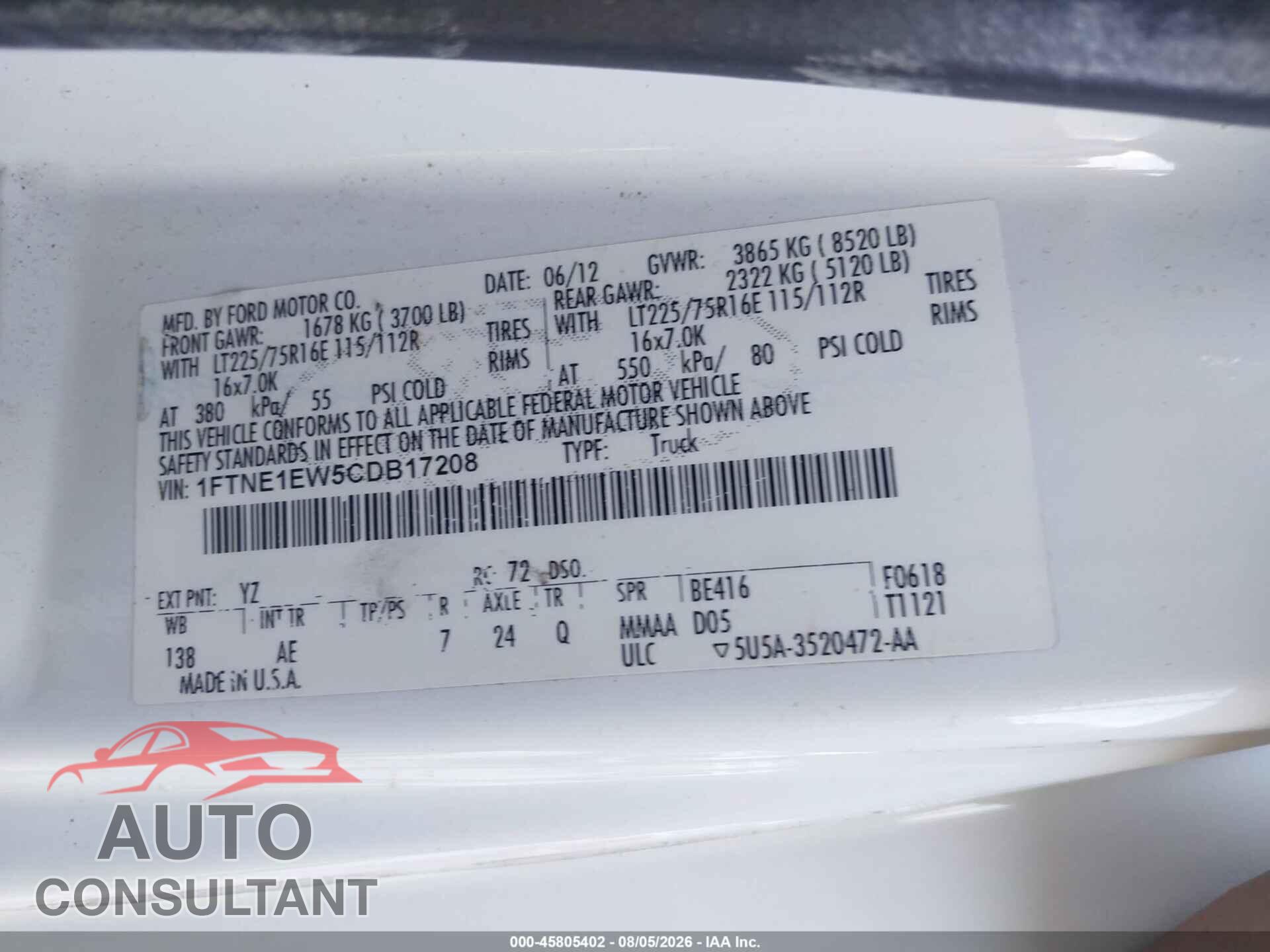 FORD E-150 2012 - 1FTNE1EW5CDB17208