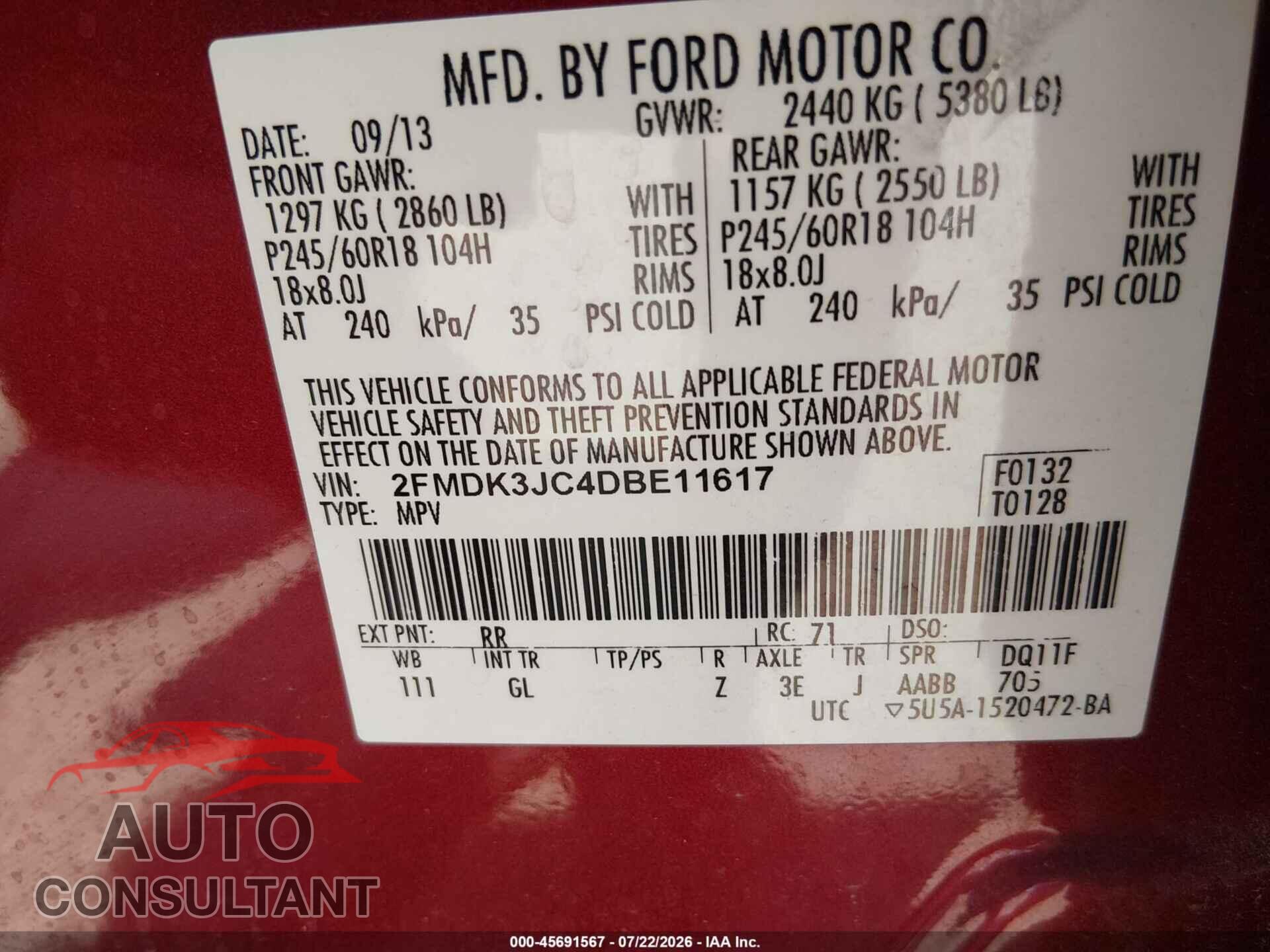 FORD EDGE 2013 - 2FMDK3JC4DBE11617