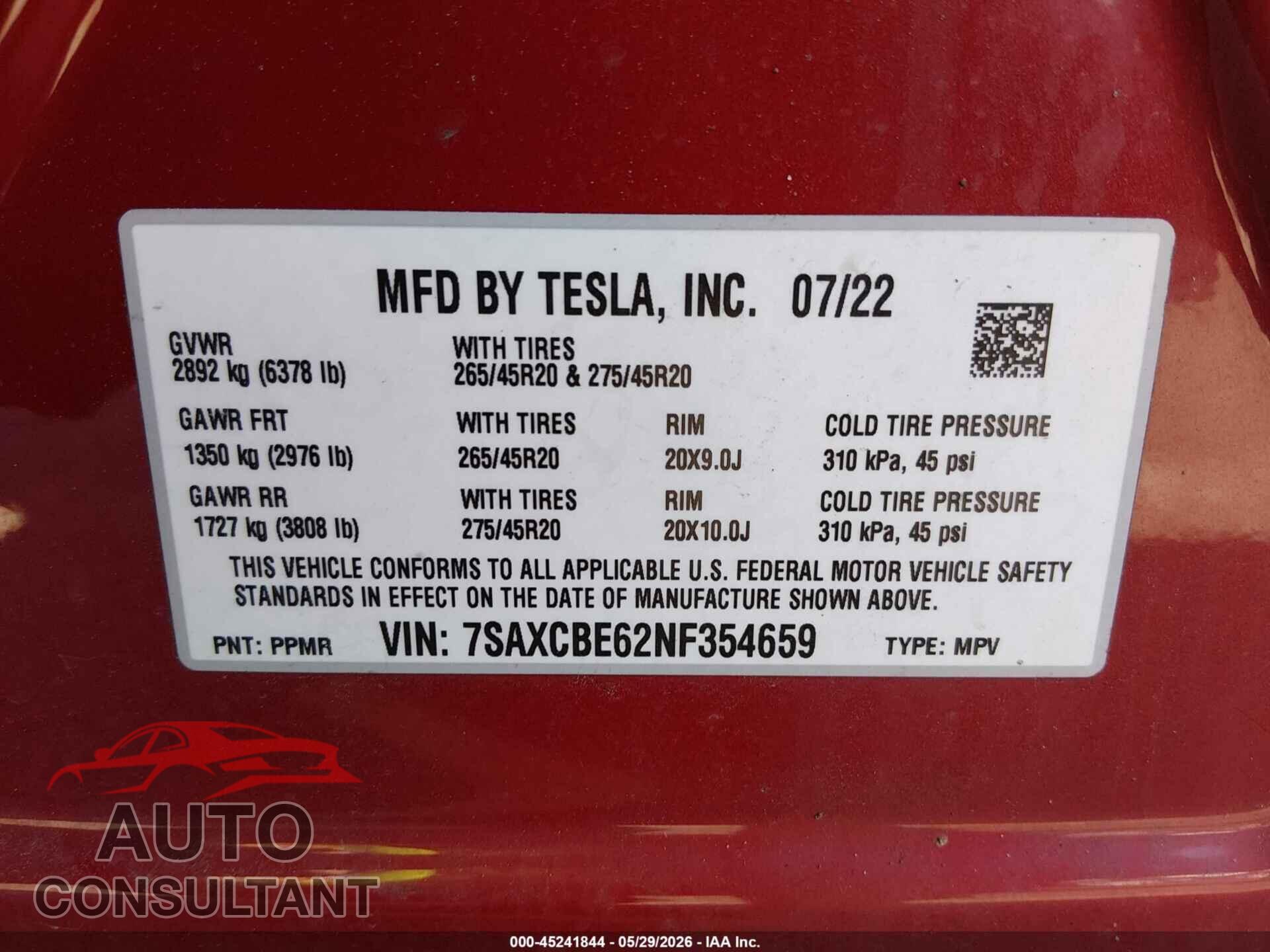 TESLA MODEL X 2022 - 7SAXCBE62NF354659