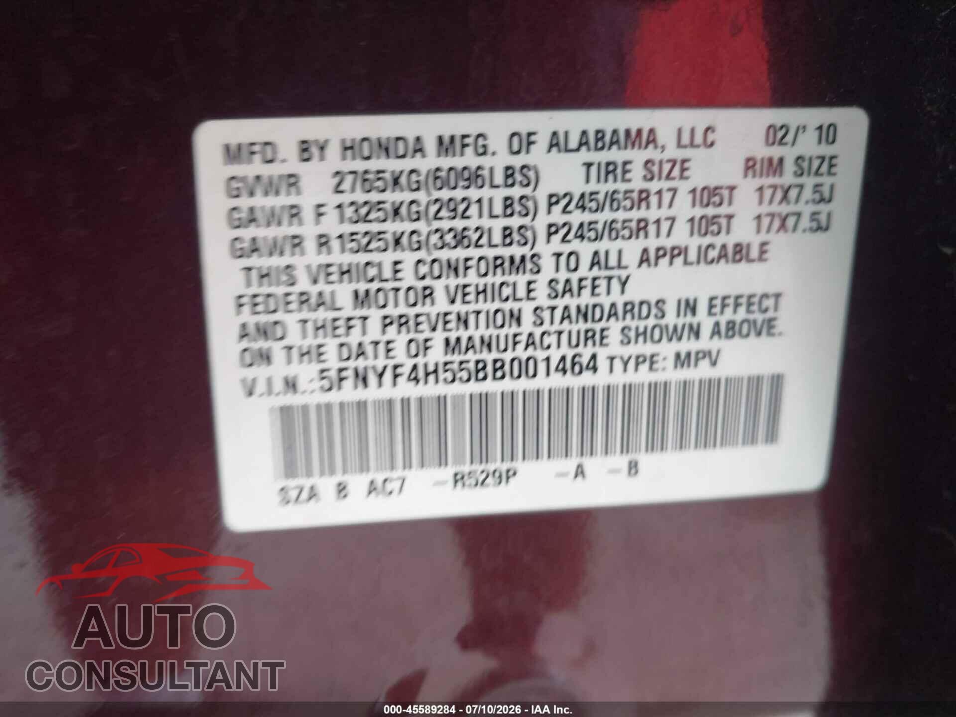 HONDA PILOT 2011 - 5FNYF4H55BB001464