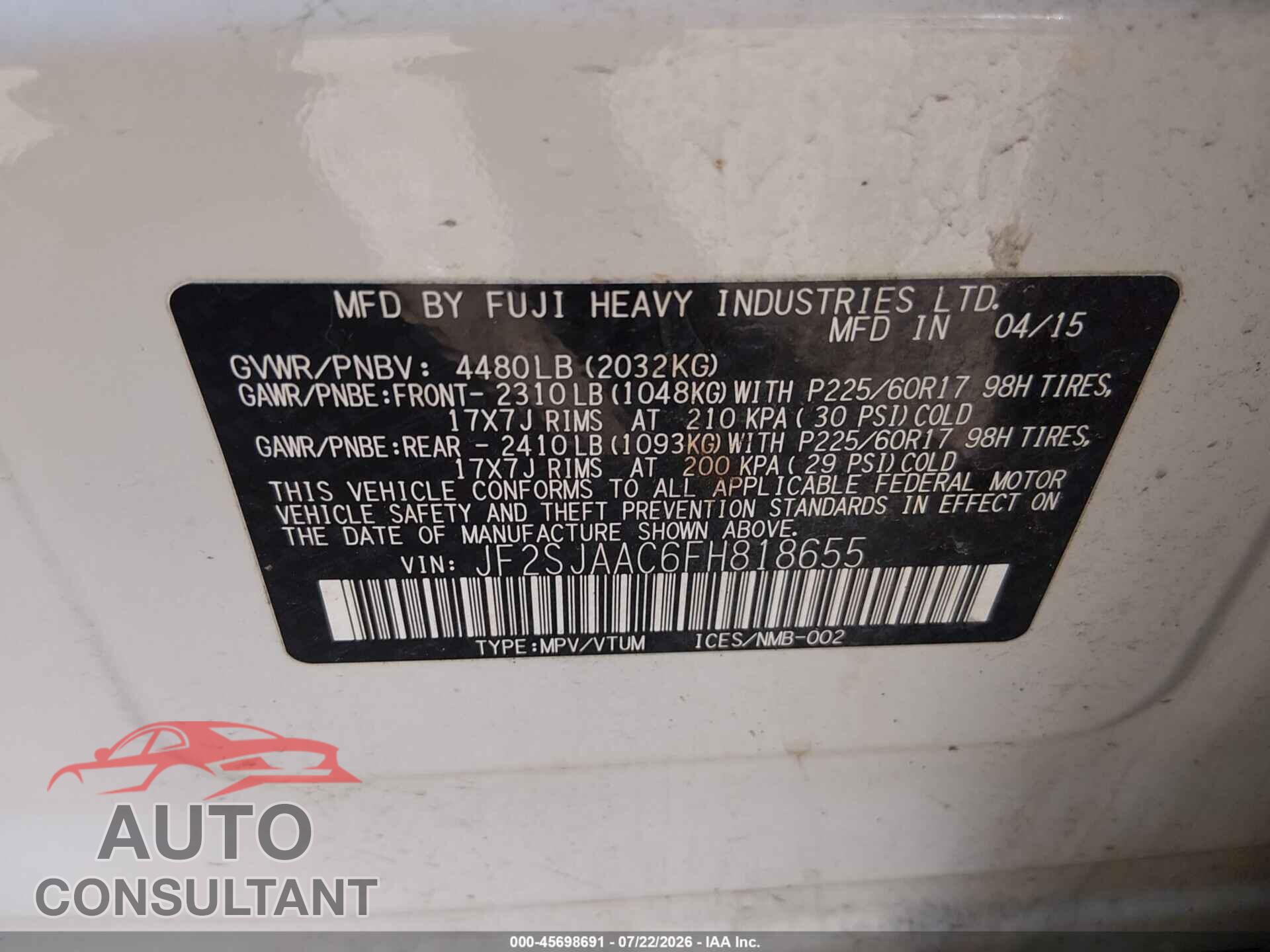 SUBARU FORESTER 2015 - JF2SJAAC6FH818655