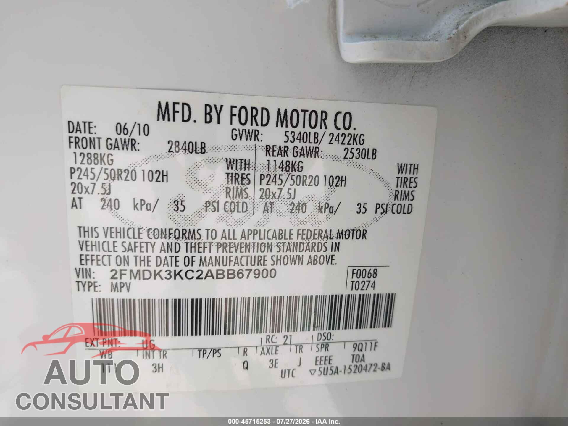 FORD EDGE 2010 - 2FMDK3KC2ABB67900