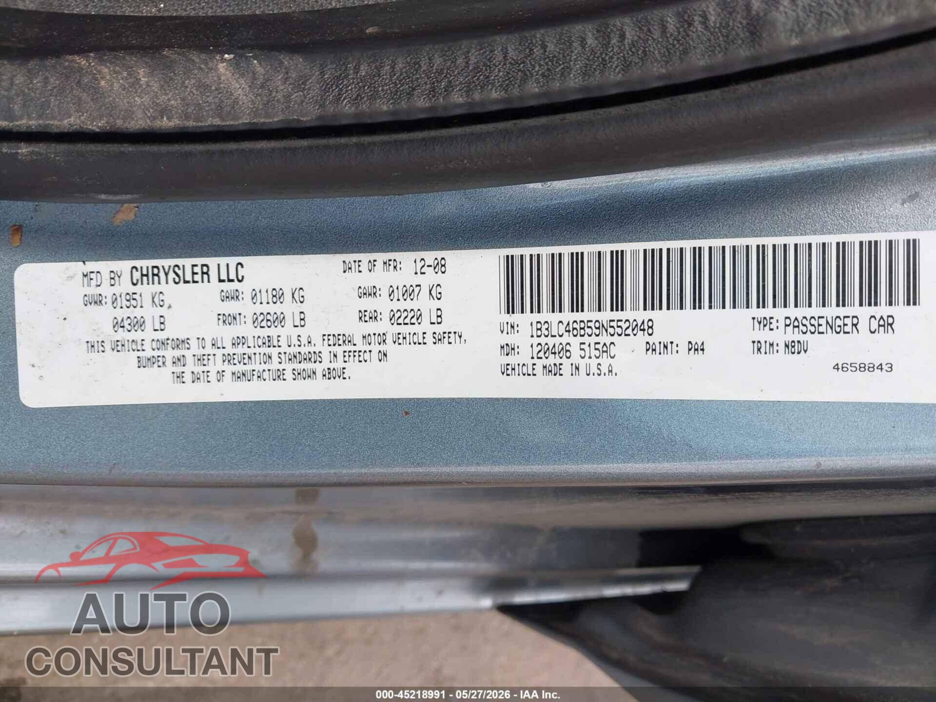 DODGE AVENGER 2009 - 1B3LC46B59N552048