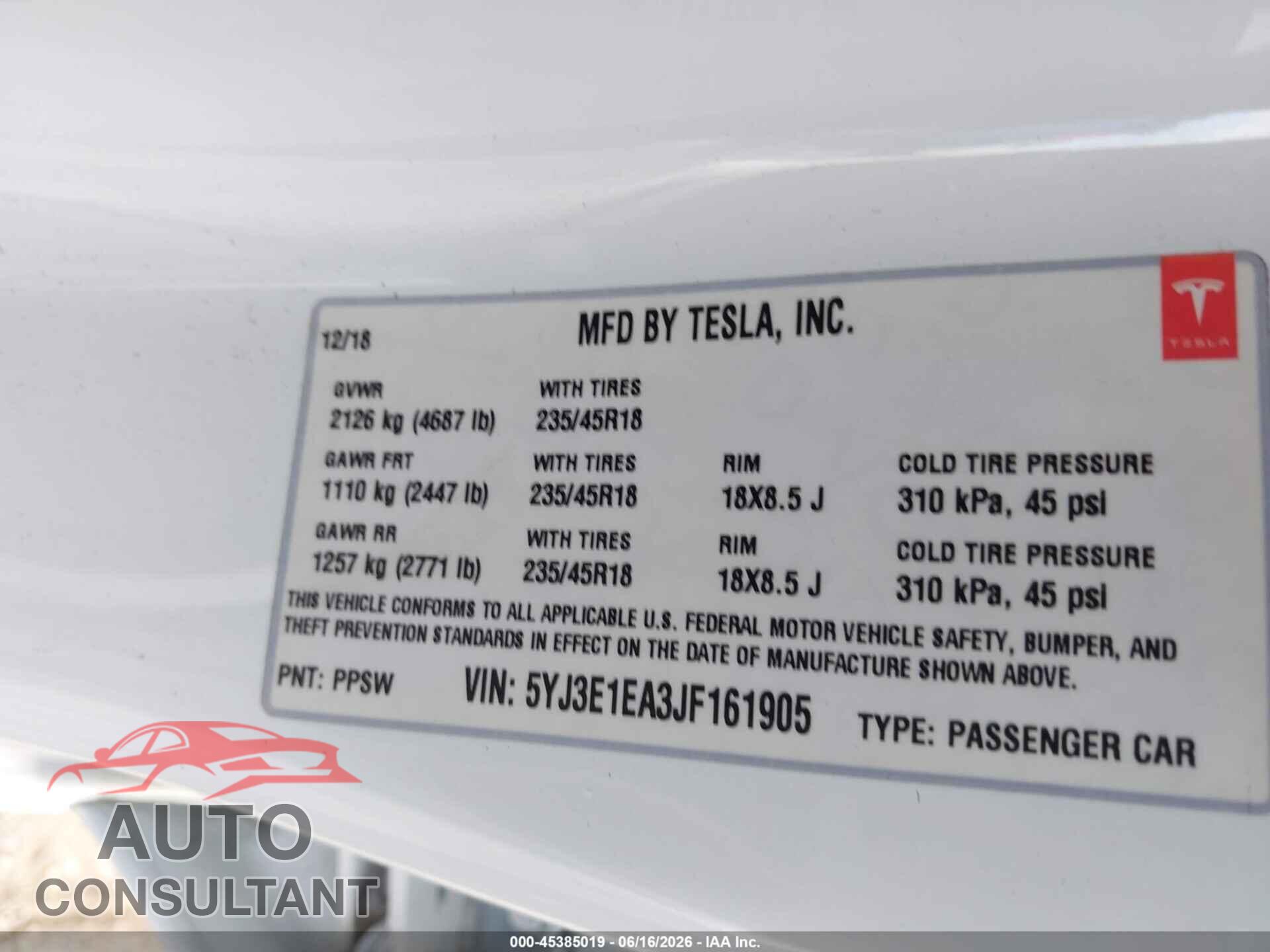 TESLA MODEL 3 2018 - 5YJ3E1EA3JF161905