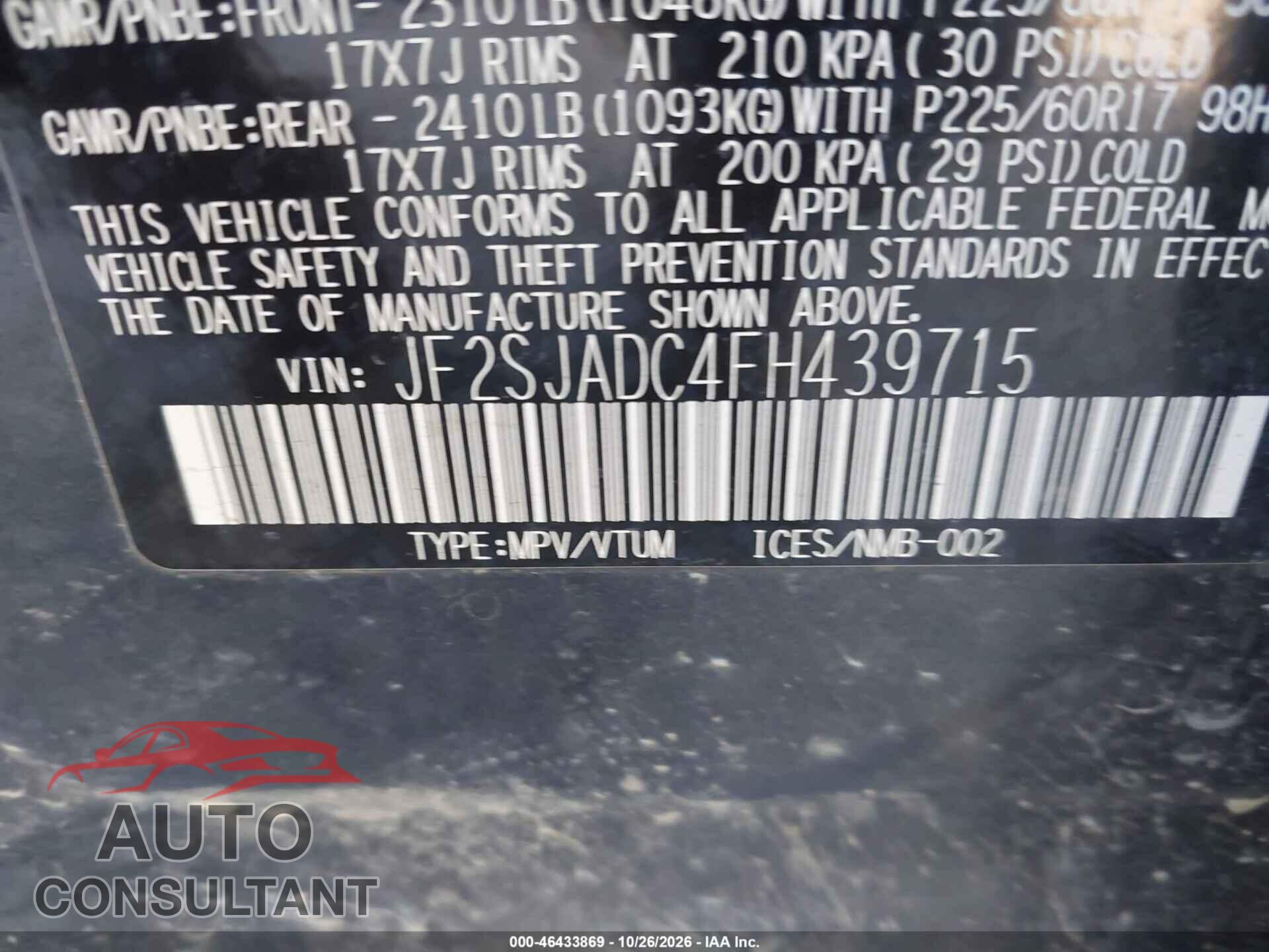 SUBARU FORESTER 2015 - JF2SJADC4FH439715