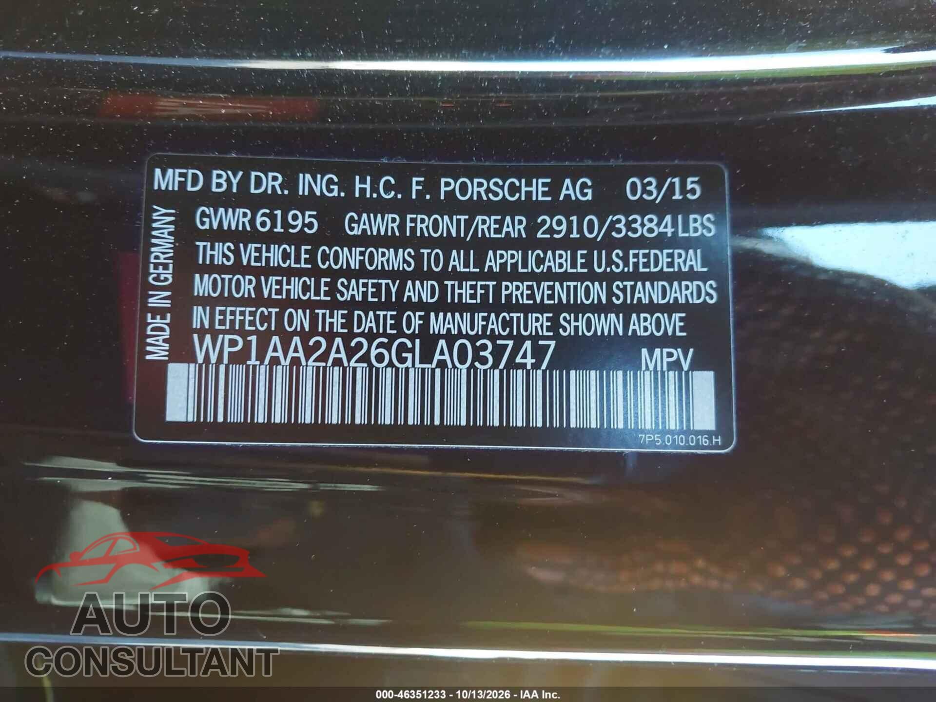 PORSCHE CAYENNE 2016 - WP1AA2A26GLA03747