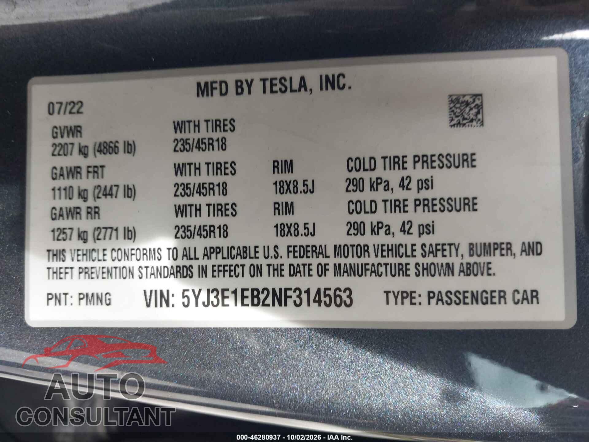 TESLA MODEL 3 2022 - 5YJ3E1EB2NF314563