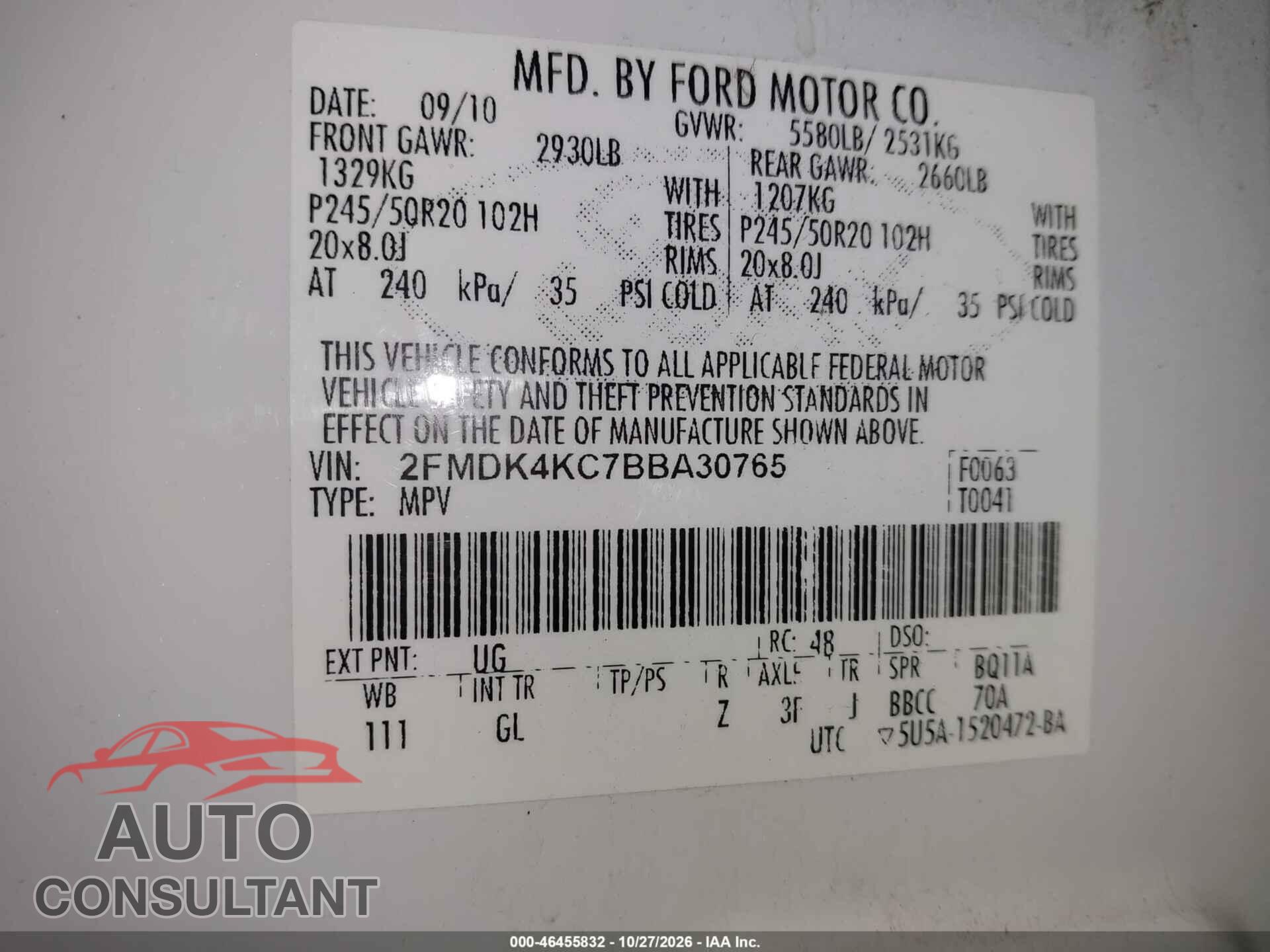 FORD EDGE 2011 - 2FMDK4KC7BBA30765