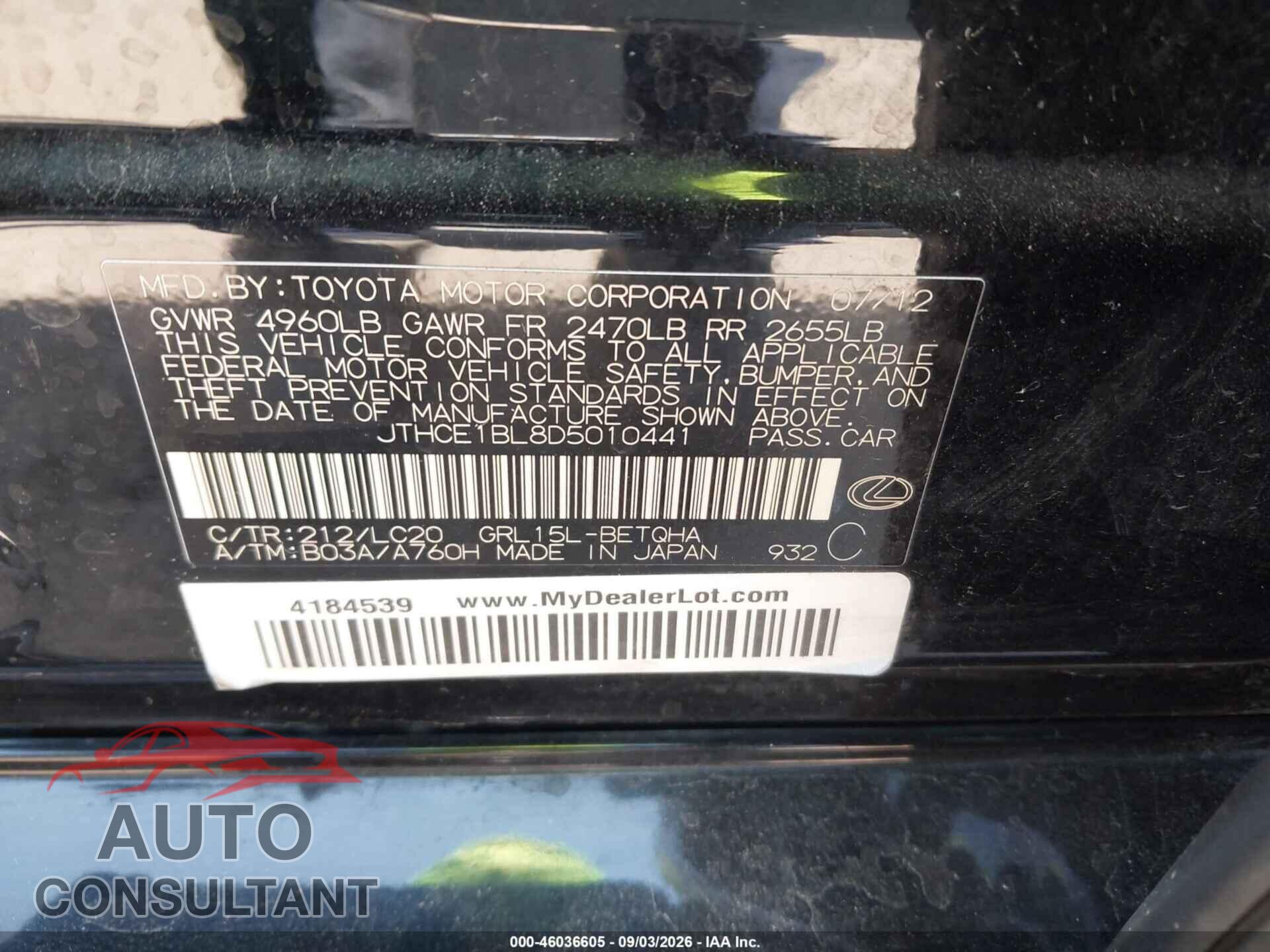 LEXUS GS 350 2013 - JTHCE1BL8D5010441