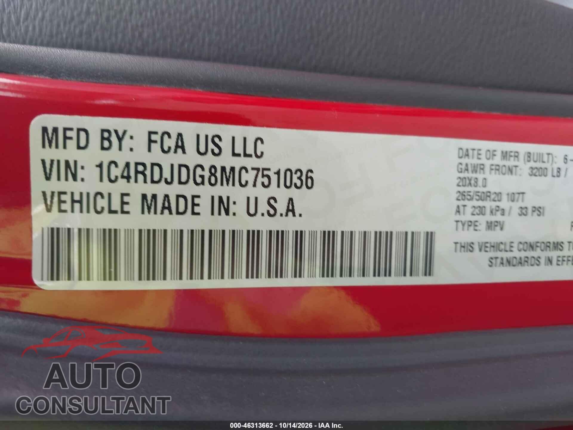DODGE DURANGO 2021 - 1C4RDJDG8MC751036