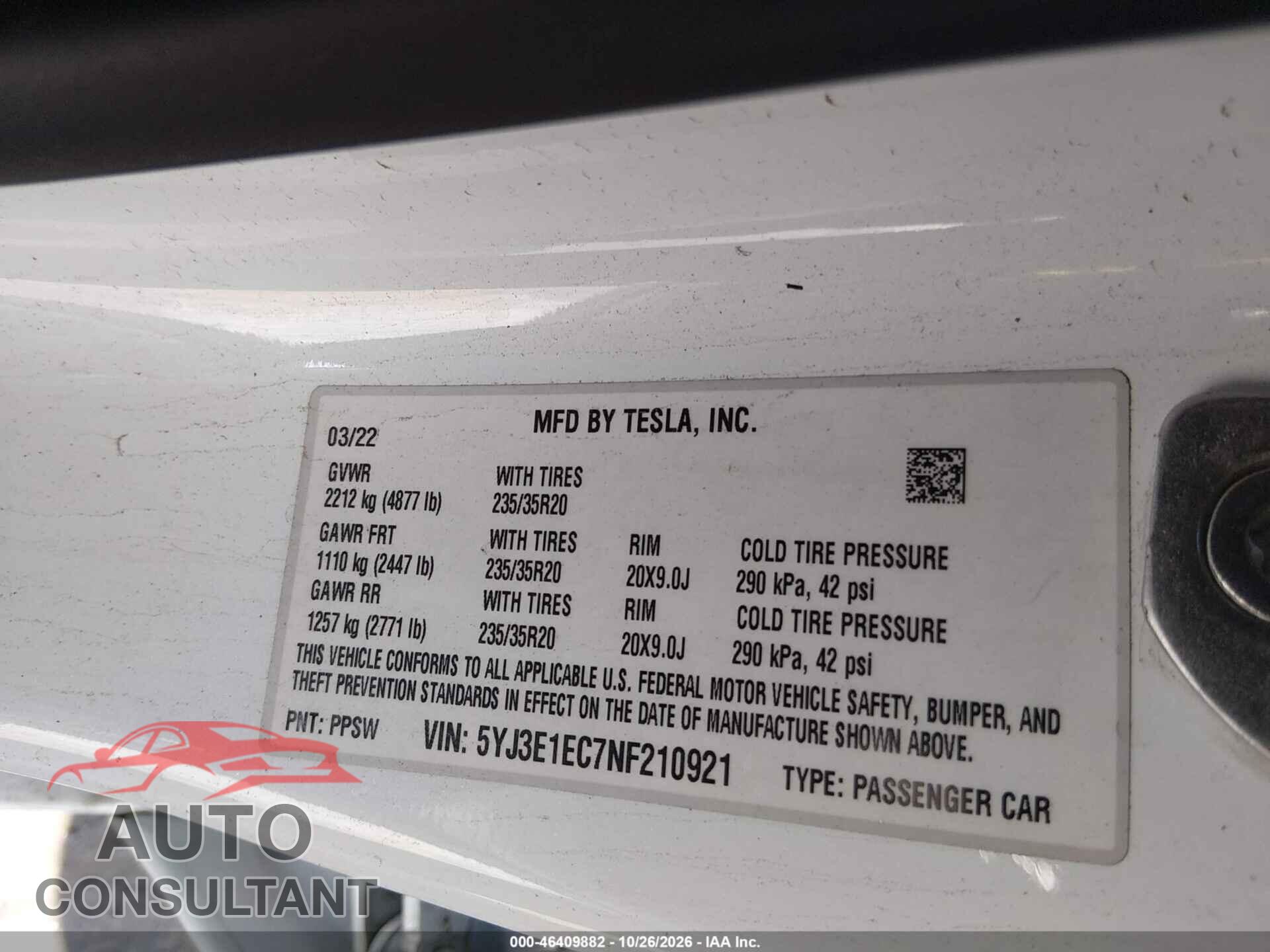 TESLA MODEL 3 2022 - 5YJ3E1EC7NF210921