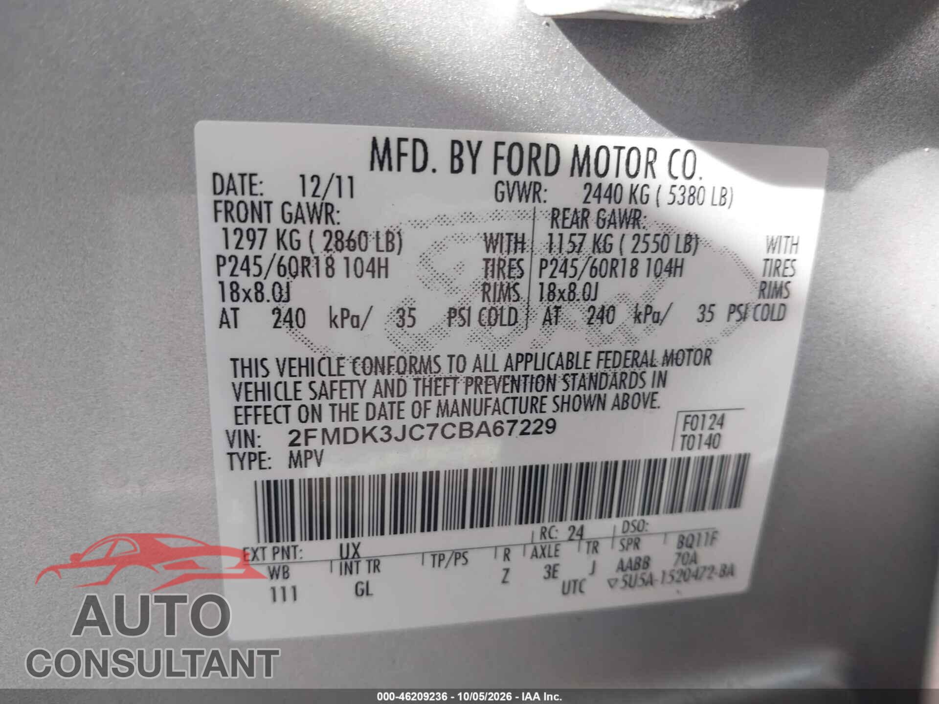 FORD EDGE 2012 - 2FMDK3JC7CBA67229