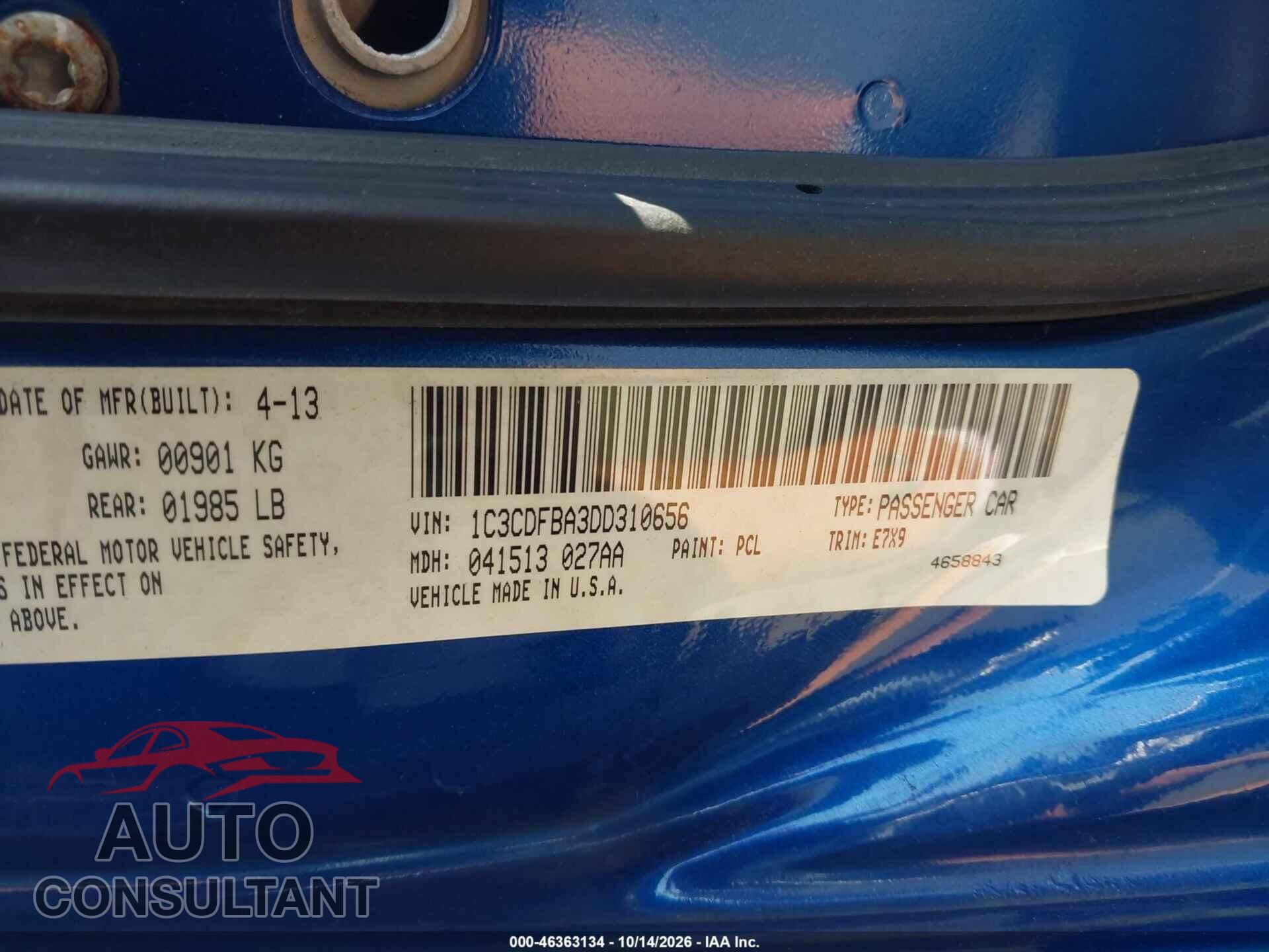 DODGE DART 2013 - 1C3CDFBA3DD310656