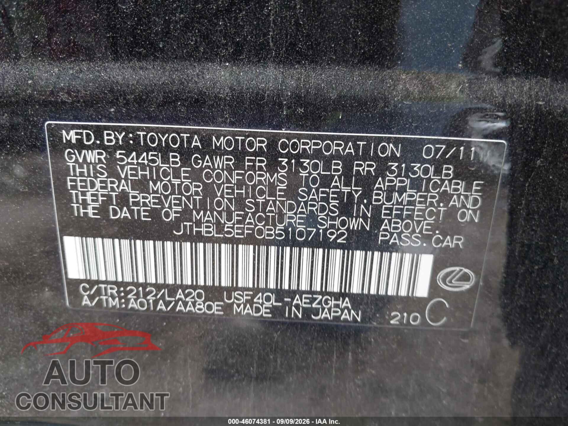 LEXUS LS 460 2011 - JTHBL5EF0B5107192