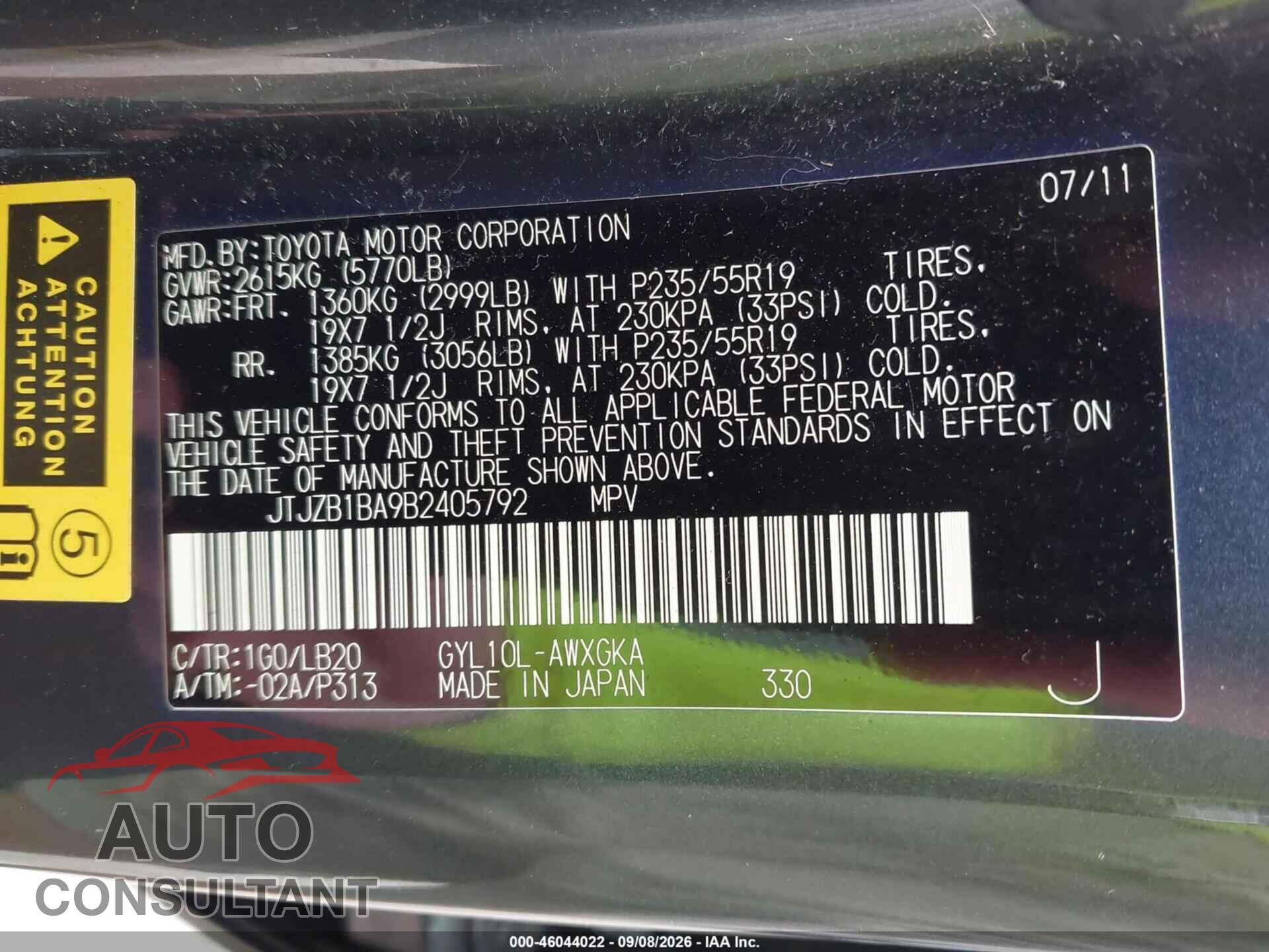 LEXUS RX 450H 2011 - JTJZB1BA9B2405792
